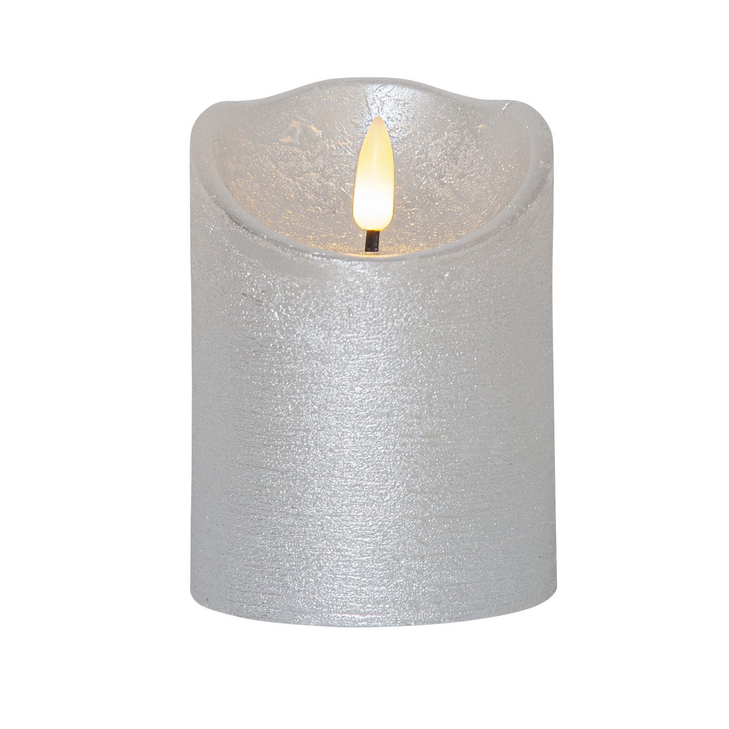 LED Stumpenkerze RUSTIC - Echtwachs - warmweiße 3D Flamme - H: 10cm - Batterie - Timer - silber LED Stumpenkerze RUSTIC - Echtwachs - warmweiße 3D Flamme - H: 10cm - Batterie - Timer - silber