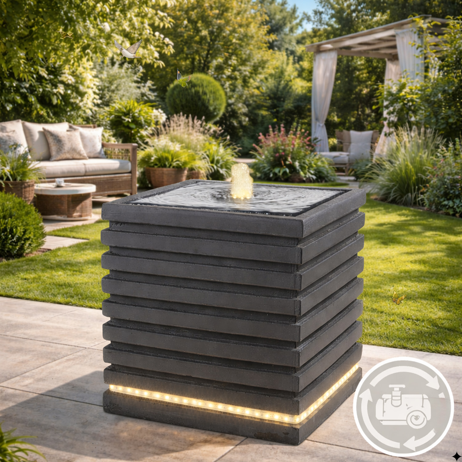 Brunnen Würfel mit Rippen - LED Beleuchtung - 35cm - Kreislaufpumpe