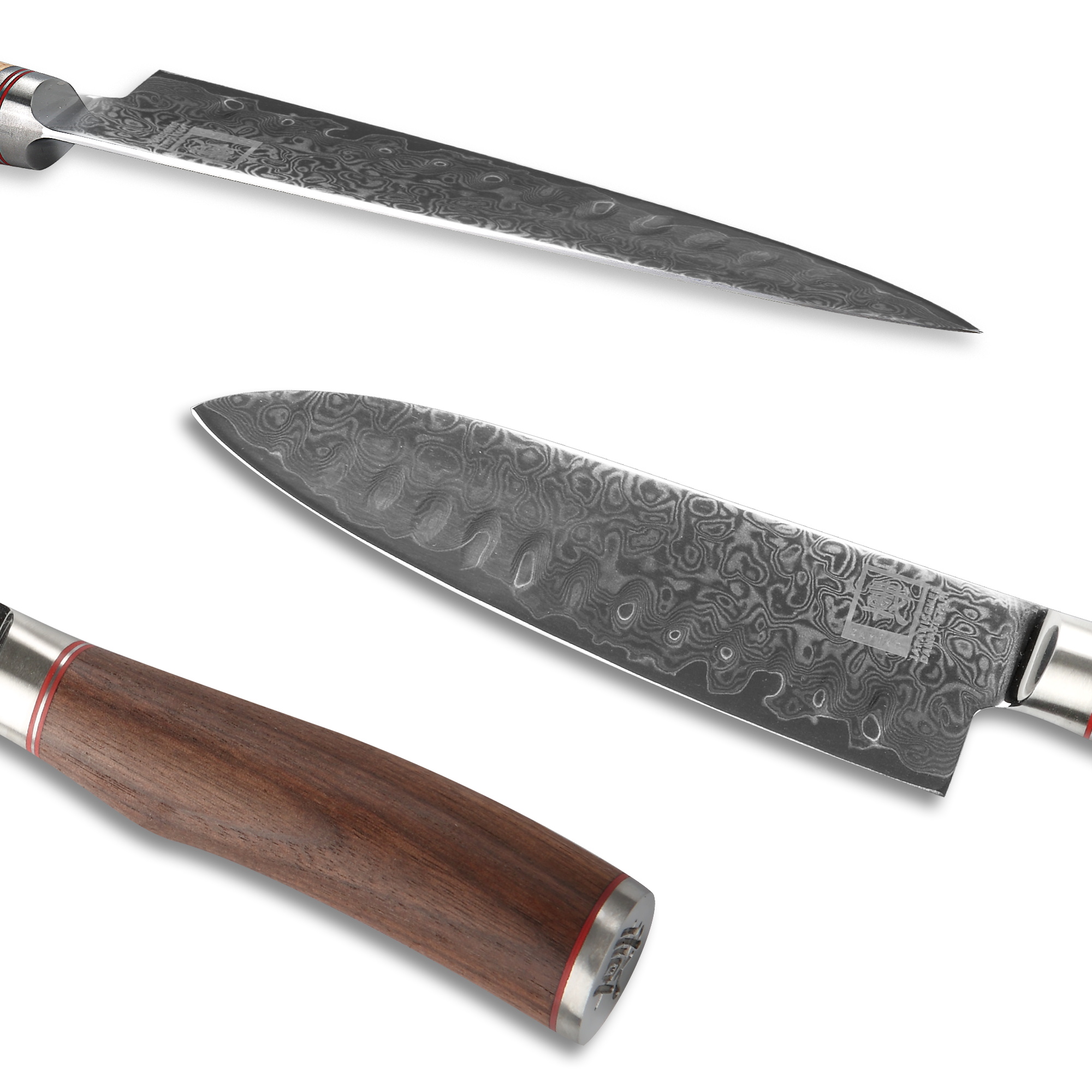 ZAYIKO Damastmesser KURUMI Santokumesser - 17,5cm Klinge - Nussbaumgriff - VG-10 Stahlkern