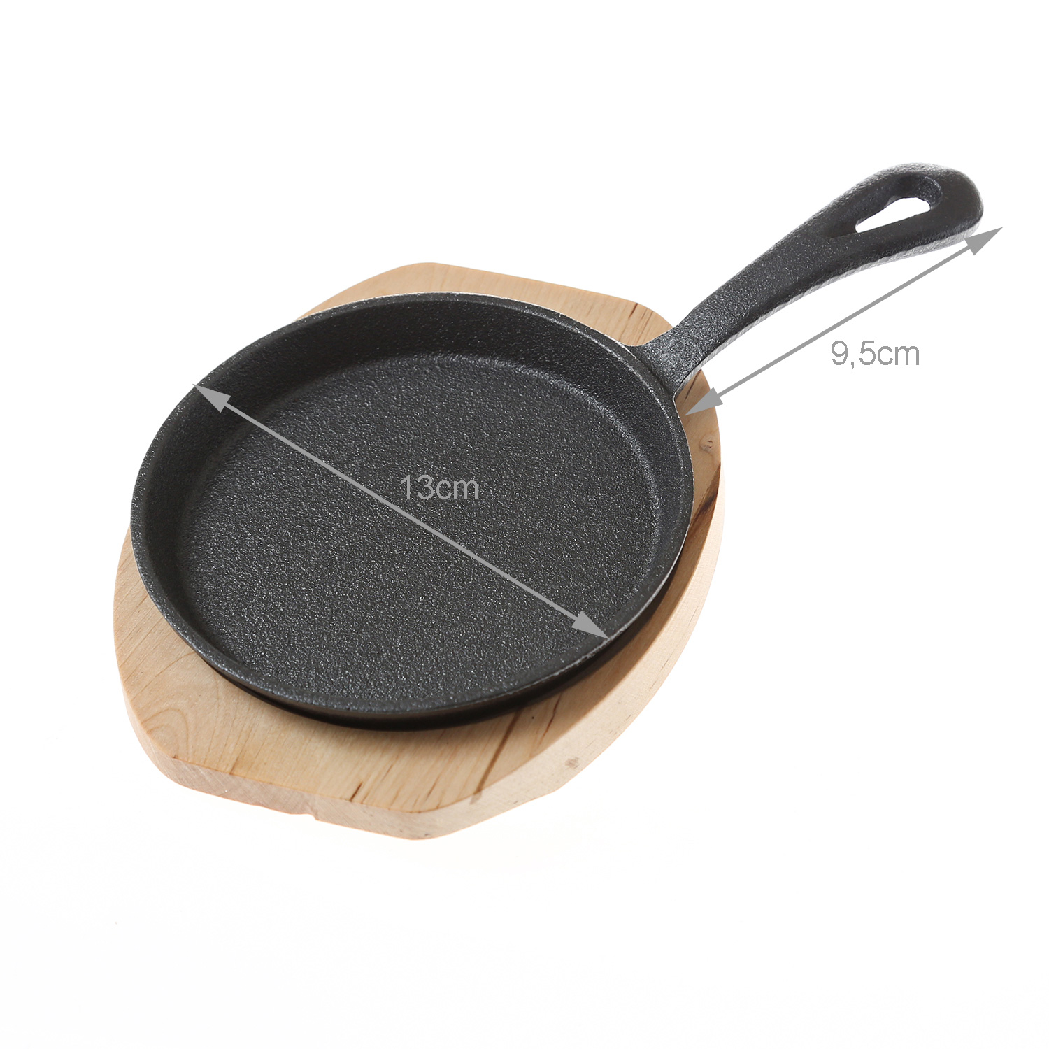 Minipfanne mit Stiel u. Holzuntersetzer - Gusspfanne - Gusseisen - D: 13cm - Servierpfanne