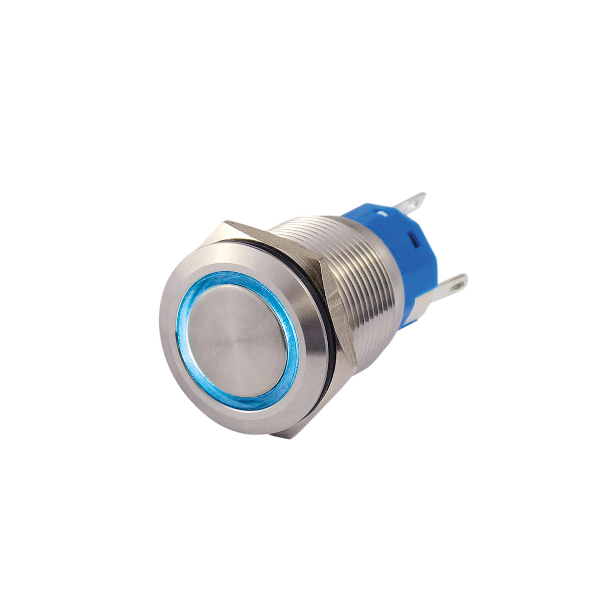 Metallschalter beleuchtet - mit blauem Leuchtring - max 230V 5A - IP67 - 19mm Einbaudurchmesser
