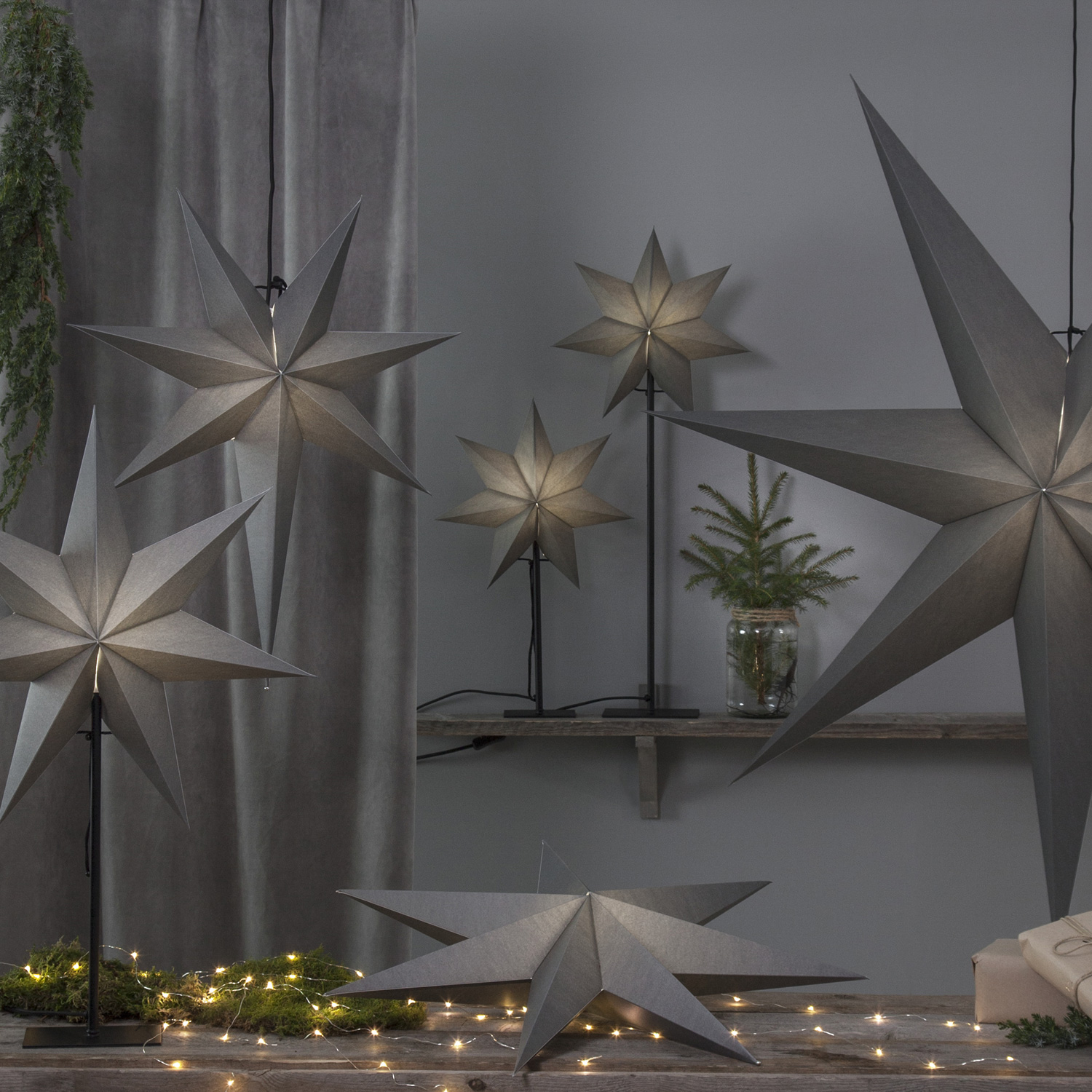 Papierstern "Ozen" - hängend - 7-zackig - Ø 55cm, H: 65cm - E14 Fassung - inkl. Kabel - anthrazit Papierstern "Ozen" - hängend - 7-zackig - Ø 55cm, H: 65cm - E14 Fassung - inkl. Kabel - anthrazit