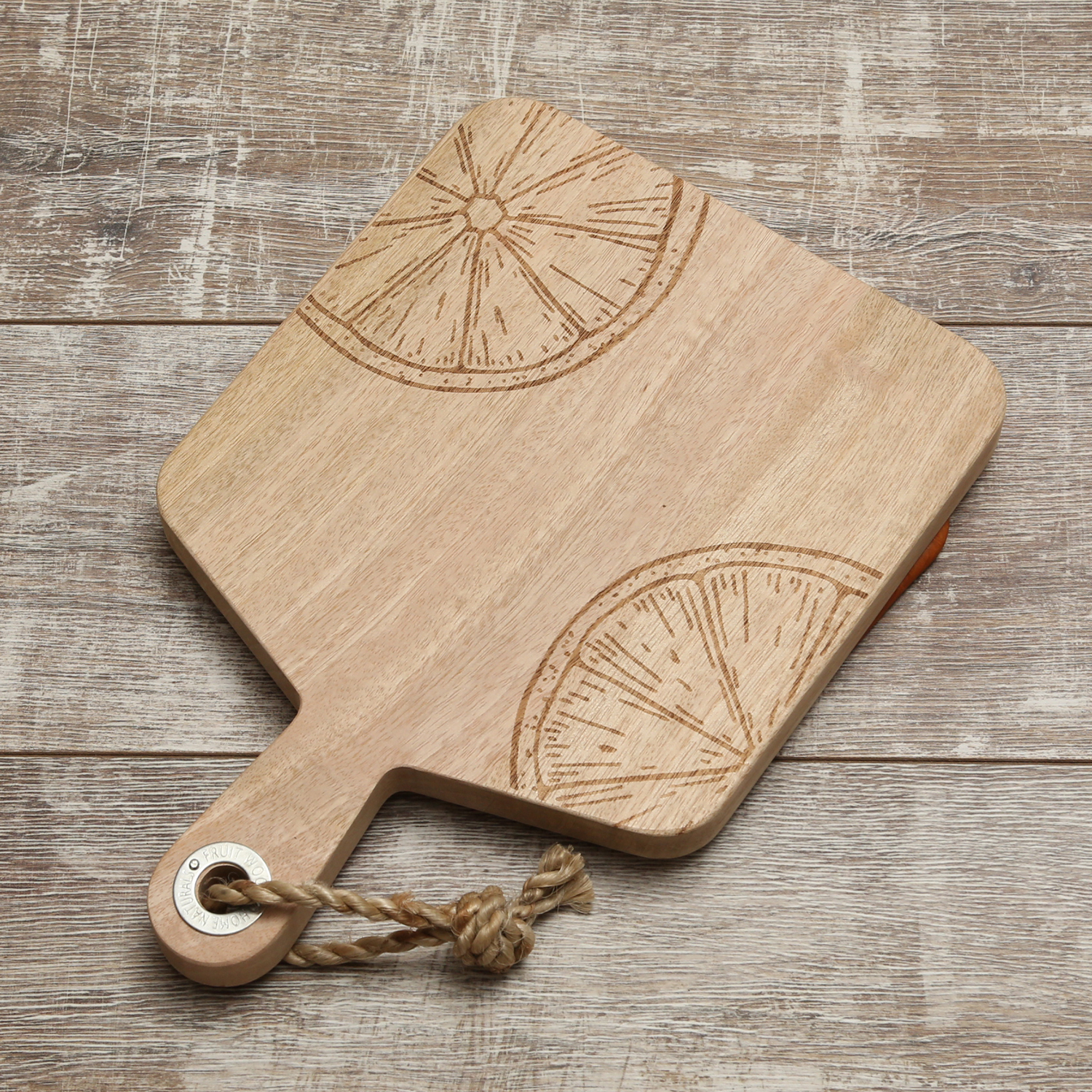 Schneidebrett - Vesperbrett - Mangoholz - Kordel - L: 38cm - Zitronenmotiv halbiert - natur