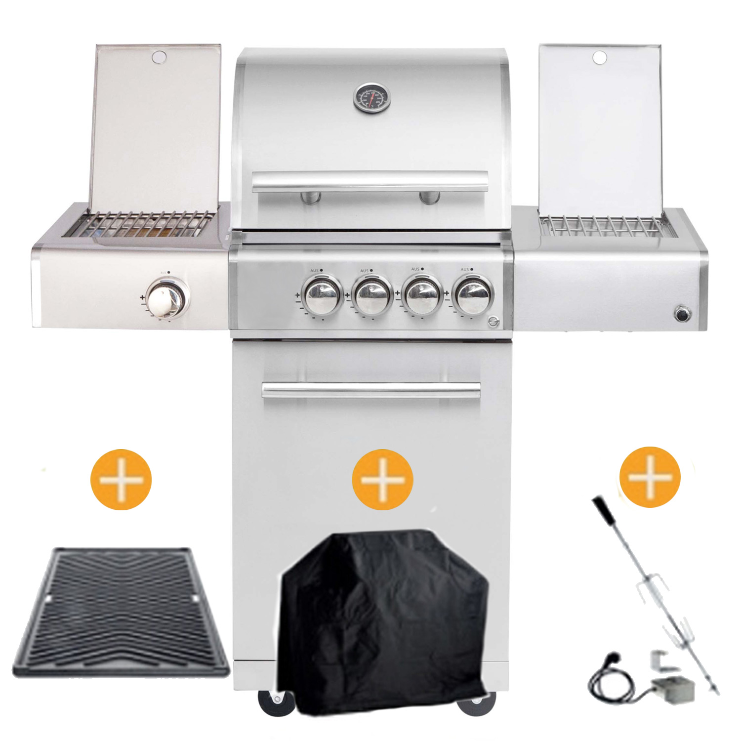 CHEF S Paket S2 - Basis silber 2 Brenner Backburner Seitenkocher GRATIS: Cover, Grillplatte, Spieß
