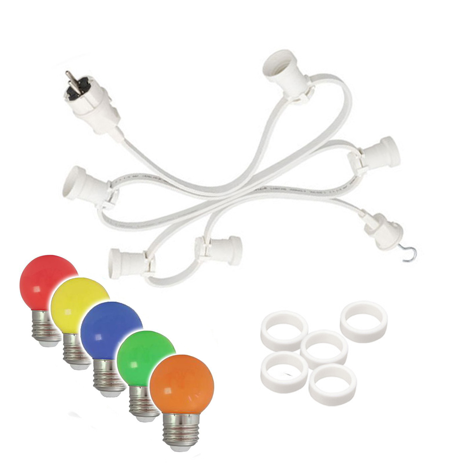 Illu-/Partylichterkette 5m - Außenlichterkette weiß - Made in Germany - 5 x bunte LED Kugellampen Illu-/Partylichterkette 5m - Außenlichterkette weiß - Made in Germany - 5 x bunte LED Kugellampen