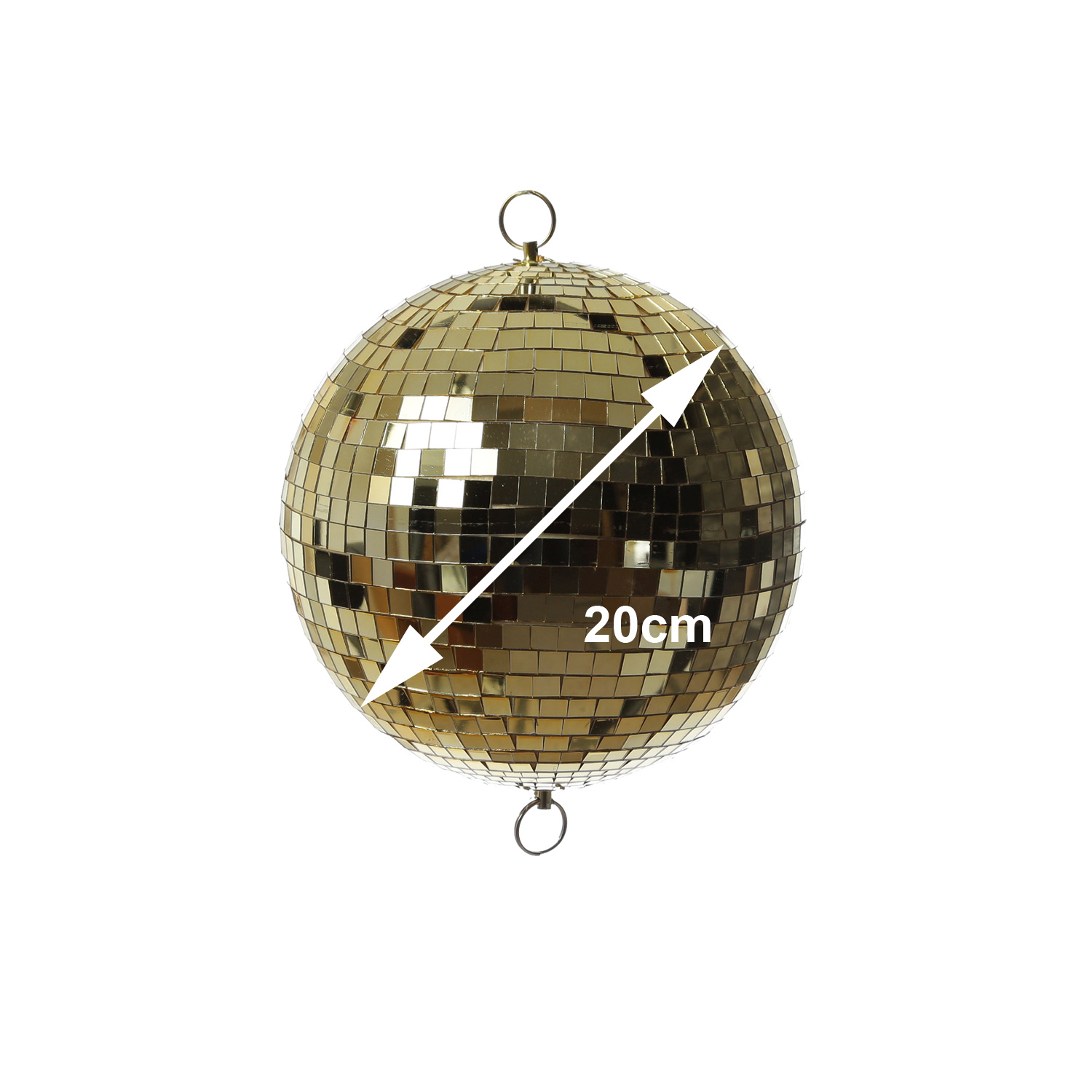 Spiegelkugel 20cm - gold - Discokugel Echtglas - 10x10mm Spiegel - PROMO - Metallöse oben + unten