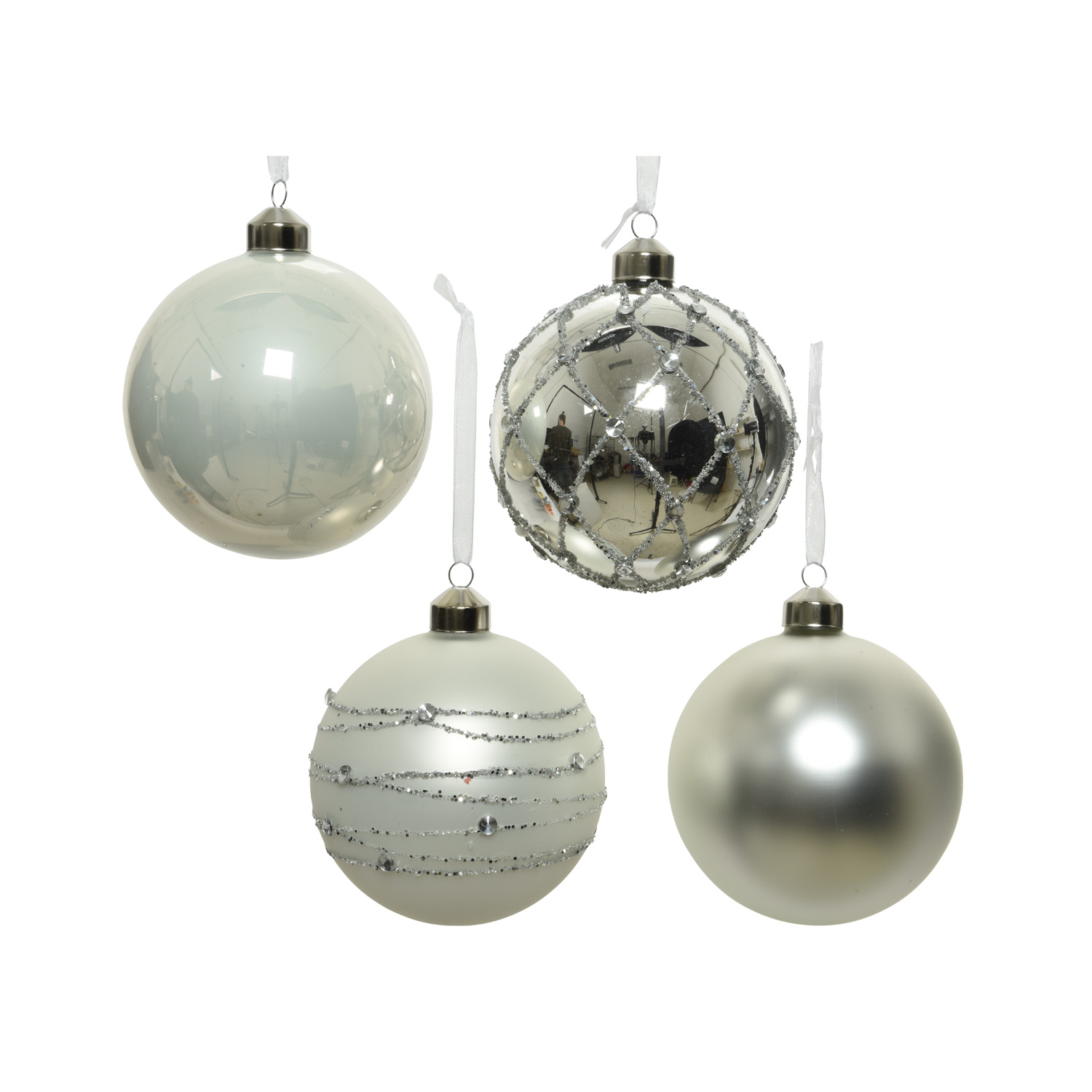 Christbaumkugel - Weihnachtskugel - Glas - D: 10cm - glänzend matt verziert - silber weiß - 4er Set