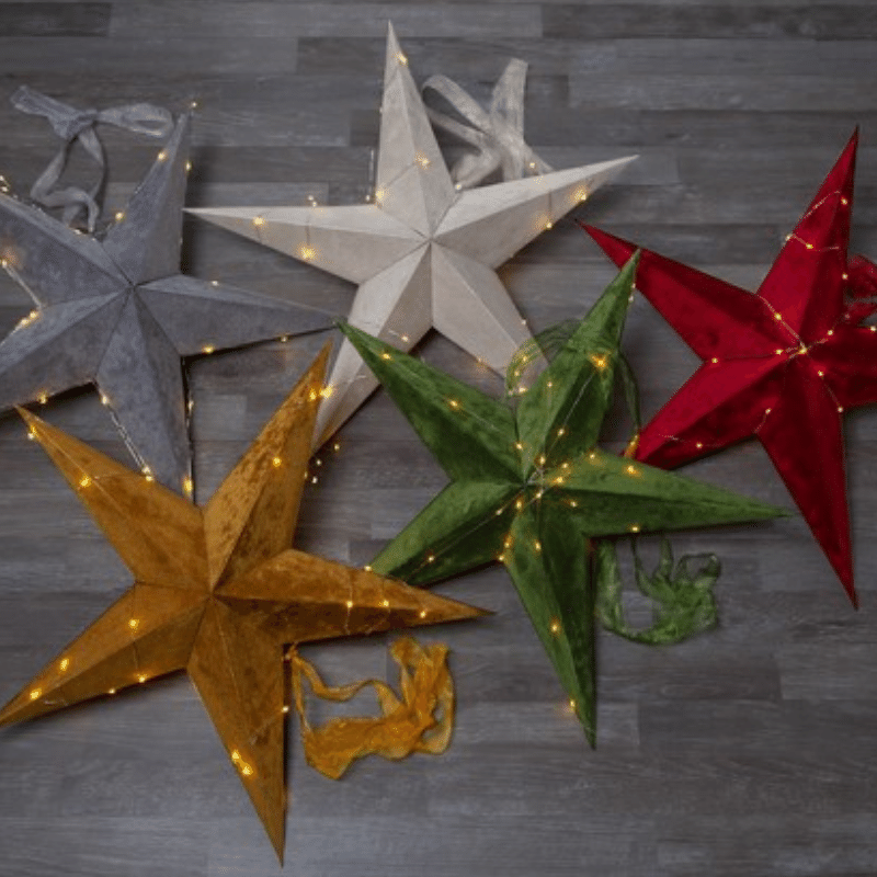 Papierstern Velvet mit Band und Samtbezug - 5-zackig - D: 60 cm - mit Drahtlichterkette  - hellgrau Papierstern Velvet mit Band und Samtbezug - 5-zackig - D: 60 cm - mit Drahtlichterkette  - hellgrau