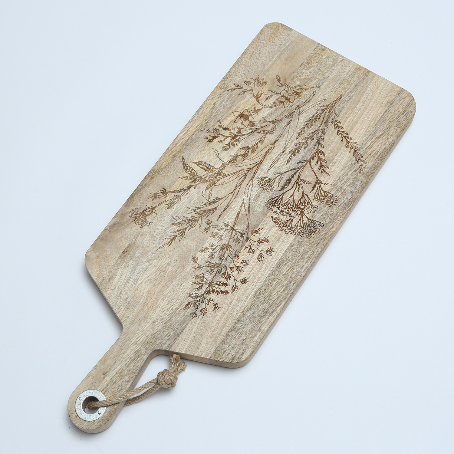 Schneidebrett - Servierbrett - Mangoholz - Kordel - L: 58cm - Wildblumenmotiv - natur