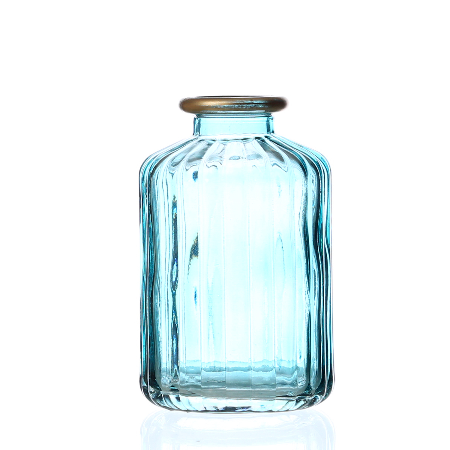 Mini Glasvase mit Rillen - Dekovase - Blumenvase - mit Goldrand - H: 10cm - blau