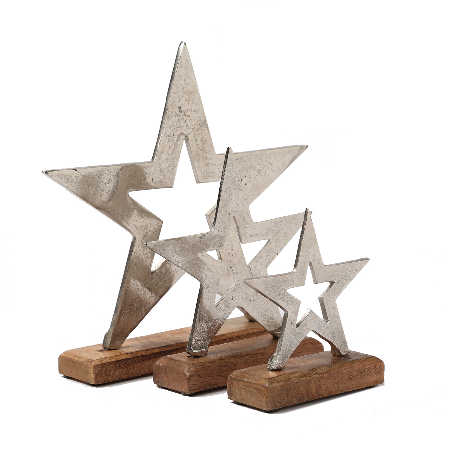 Dekostern aus Aluminium - stehend - Mangoholzsockel - 28,7cm, 20cm, 15,5cm - natur, silber - 3er Set Dekostern aus Aluminium - stehend - Mangoholzsockel - 28,7cm, 20cm, 15,5cm - natur, silber - 3er Set