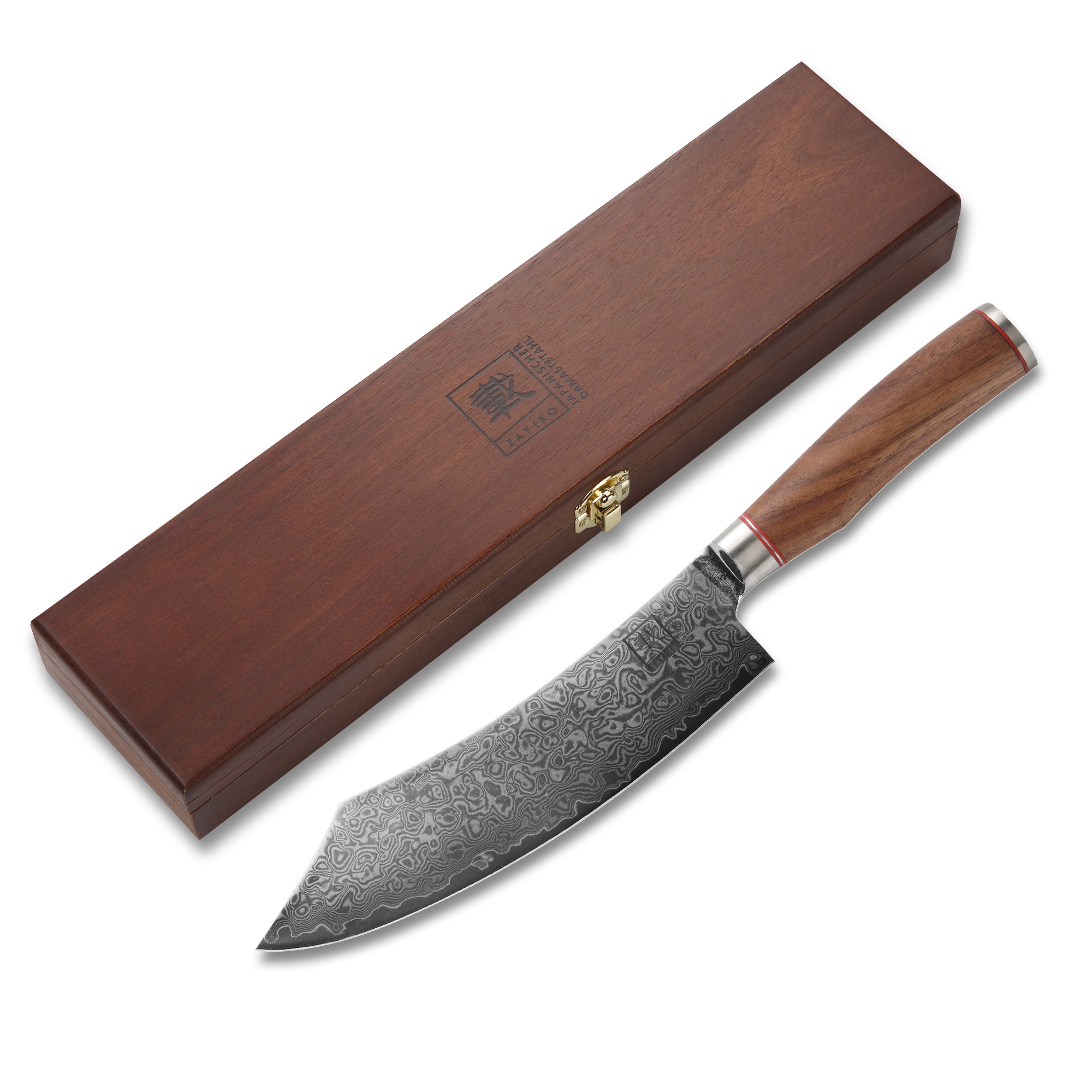 ZAYIKO Damastmesser KURUMI Blockmesser - 20cm Klinge - Nussbaumgriff - VG-10 Stahlkern