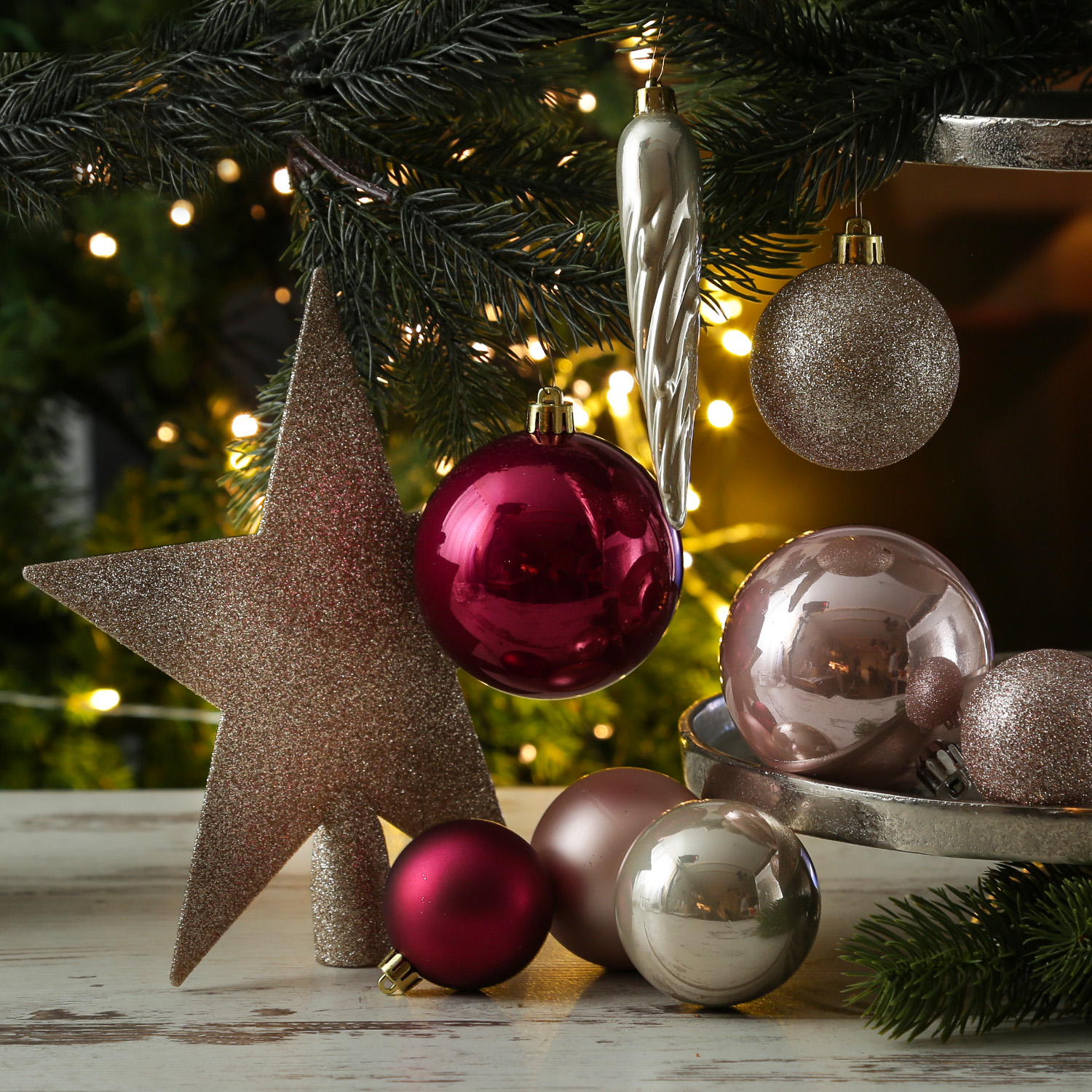 Christbaumkugeln - Weihnachtsbaumkugeln mit Stern Baumspitze - bruchfest - pink, rosa - 33er Set Christbaumkugeln - Weihnachtsbaumkugeln mit Stern Baumspitze - bruchfest - pink, rosa - 33er Set