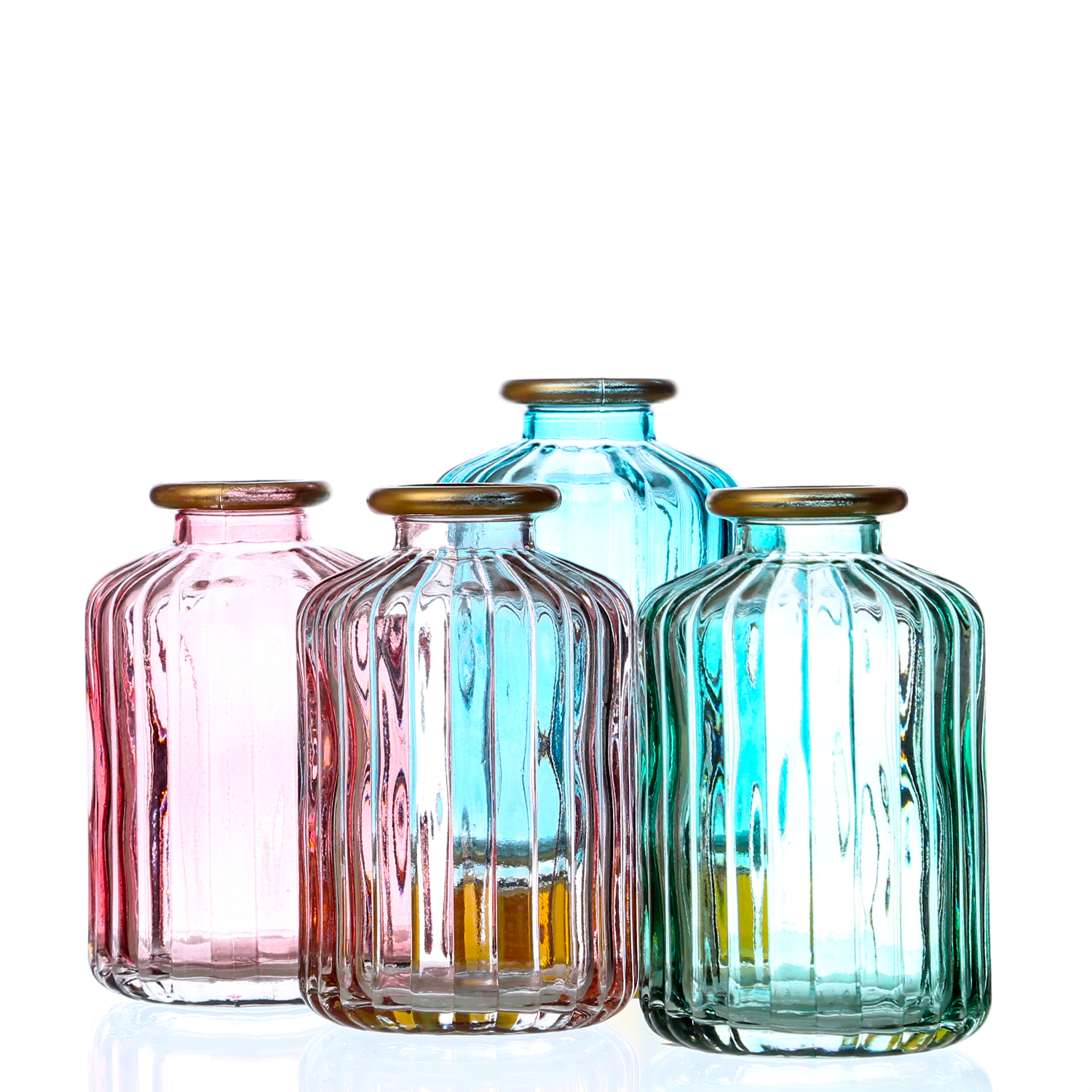 Mini Glasvase mit Rillen - Dekovase - Blumenvase - mit Goldrand - H: 10cm - bunt - 4er Set