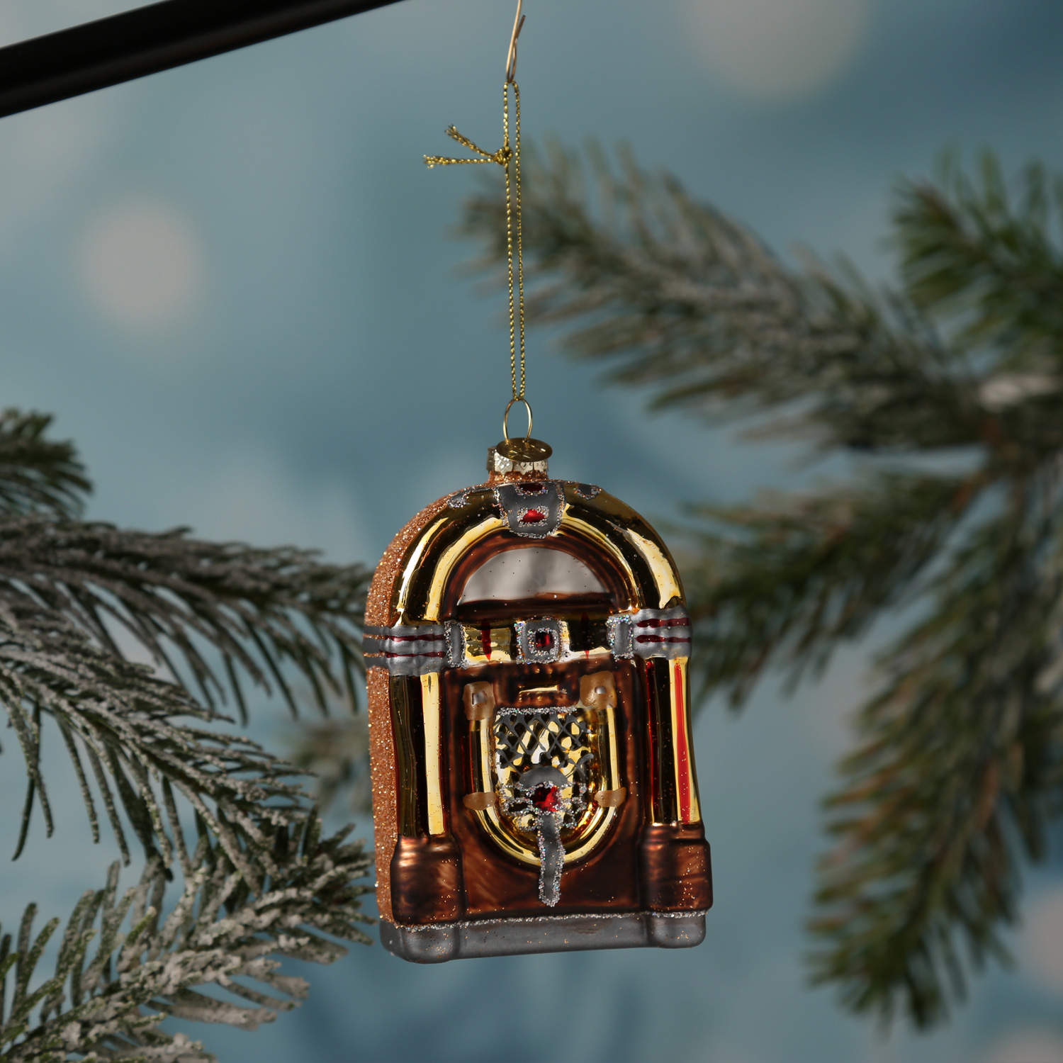 Weihnachtsbaumschmuck JUKEBOX - Glas - inkl. Aufhänger - glänzend und glitzernd - H: 11,5cm - braun Weihnachtsbaumschmuck JUKEBOX - Glas - inkl. Aufhänger - glänzend und glitzernd - H: 11,5cm - braun