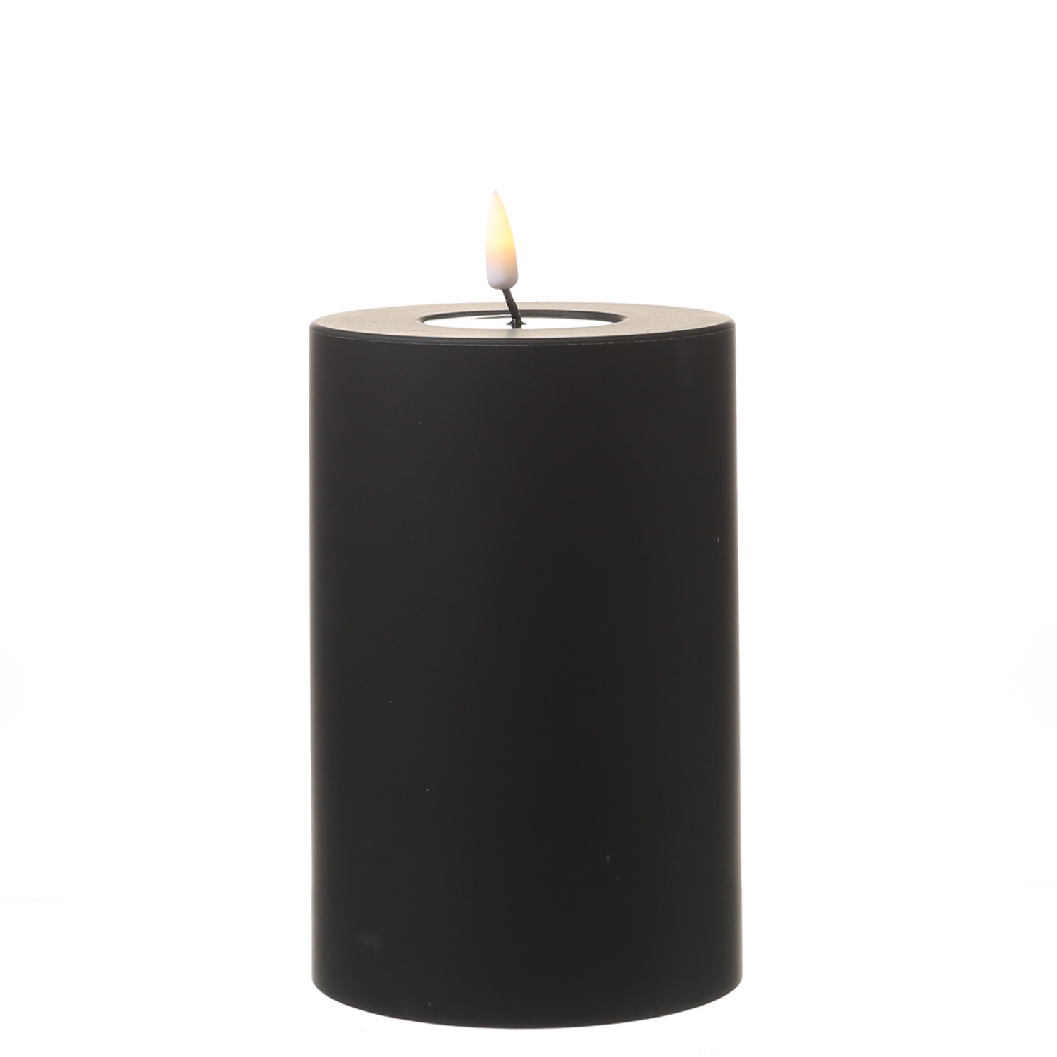 LED Stumpenkerze MIA - Kunststoff - realistische 3D Flamme - H: 15cm - f. Außen - schwarz LED Stumpenkerze MIA - Kunststoff - realistische 3D Flamme - H: 15cm - f. Außen - schwarz