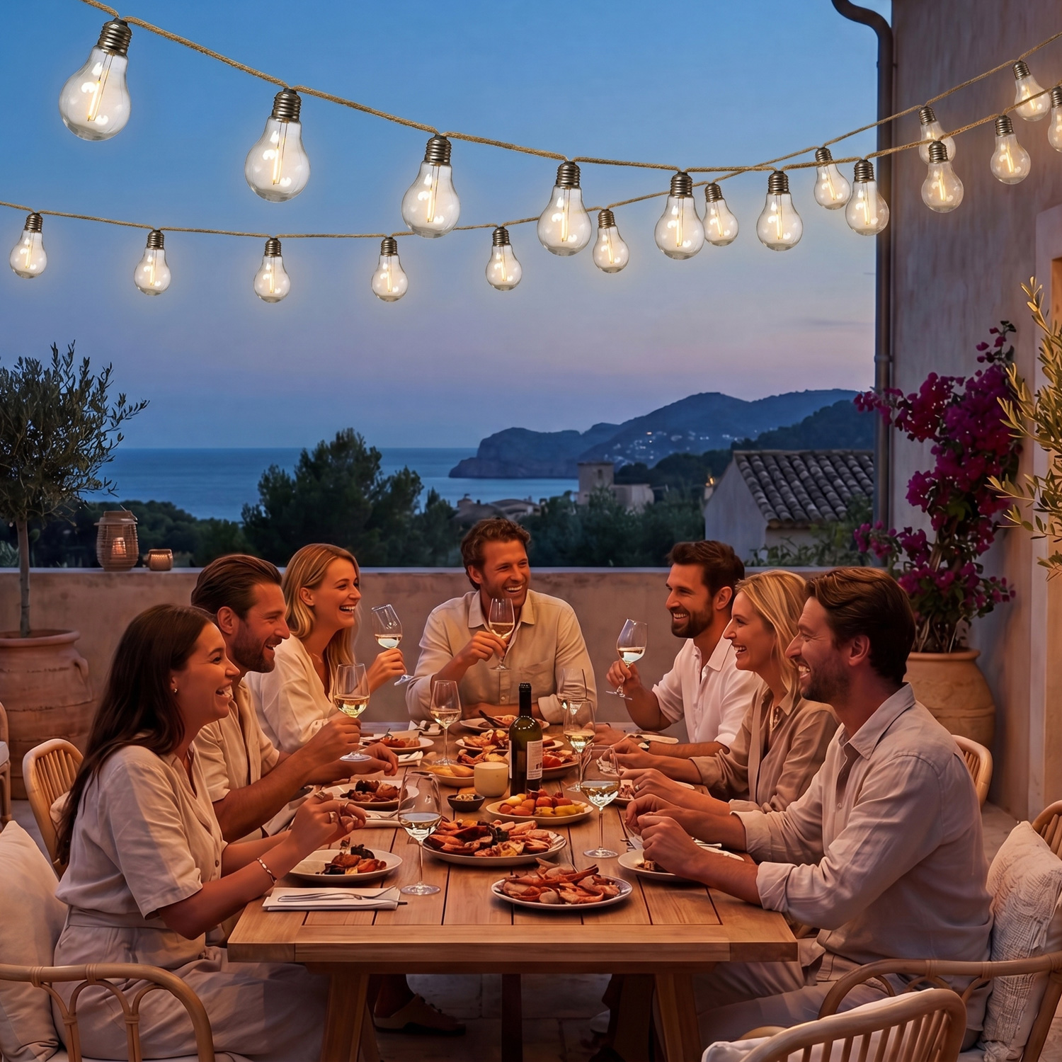 LED Lichterkette 10 Glühbirnen an Juteseil - L: 4,5m - koppelbar bis 30 Lichter - Timer - für Außen