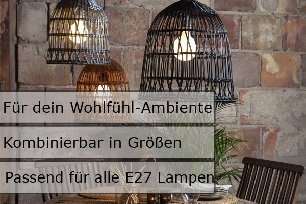 Lampenschirm BELL wetterfest - Rattan-Optik - mit E27 Kabelfassung - D 48cm/H 50cm - grau