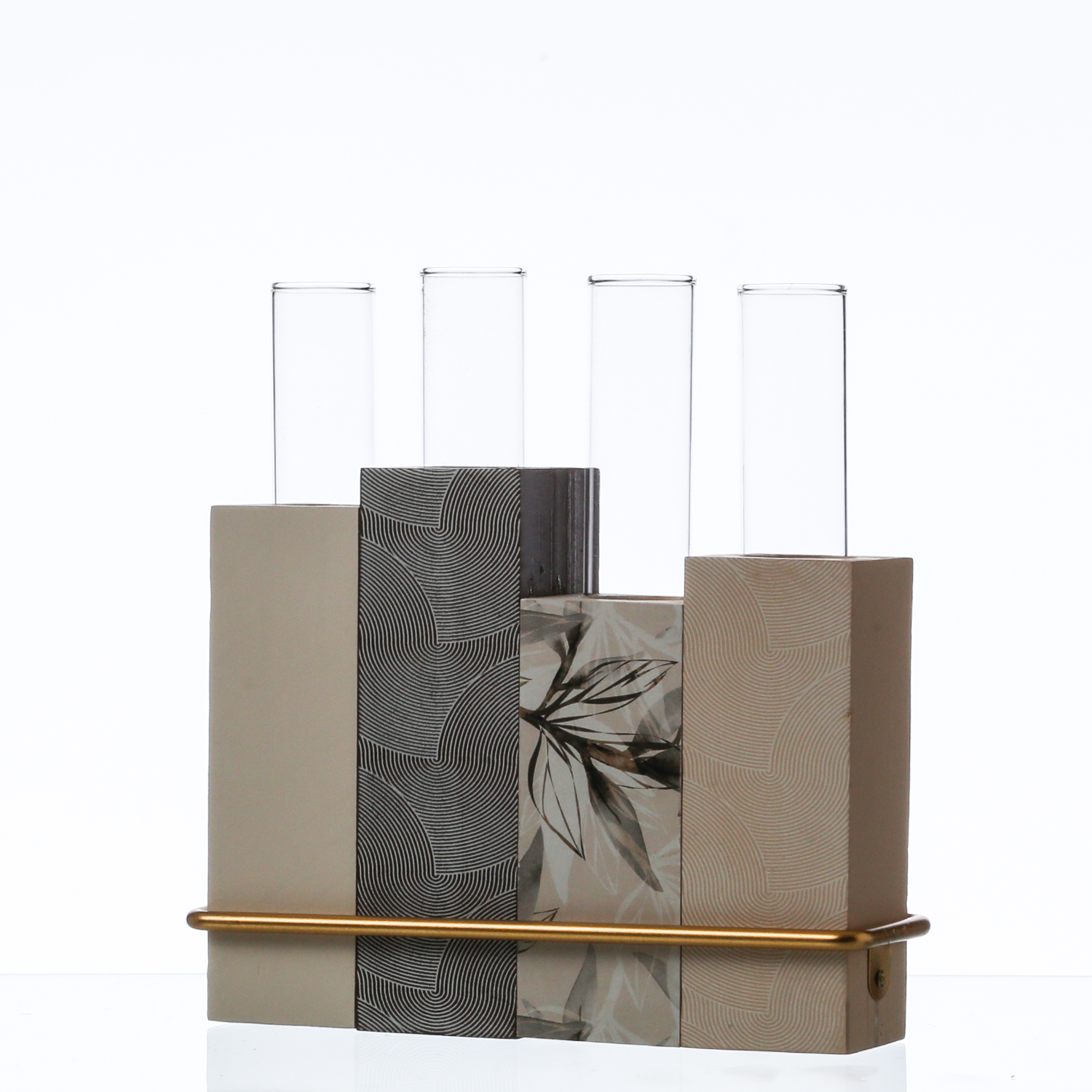 Deko Vase mit 4 Reagenzgläsern - Blumenvase - Holz - H: 18cm - creme/grau