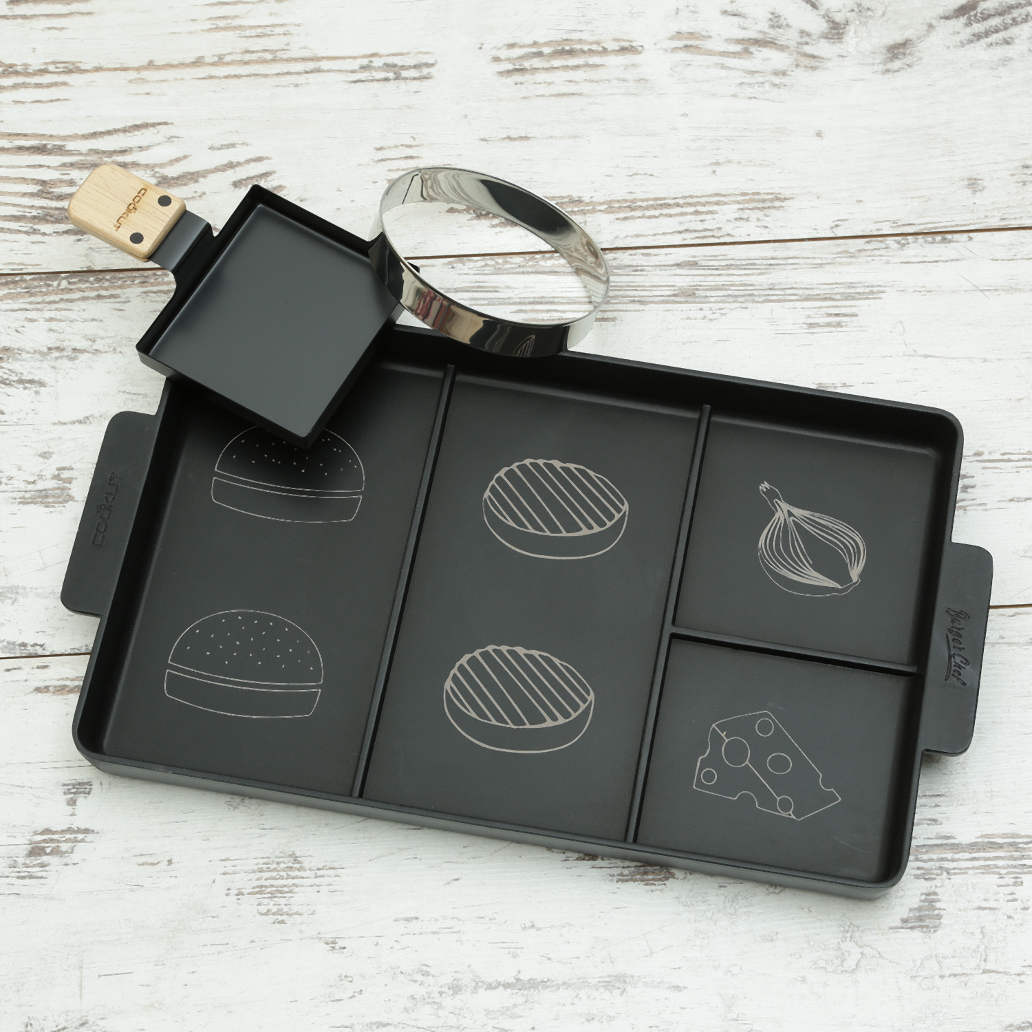 Cookut Burger Chef - Burger Set - Anrichteplatte für Burger 40x23cm - Burgerring, Pfännchen - 3in1