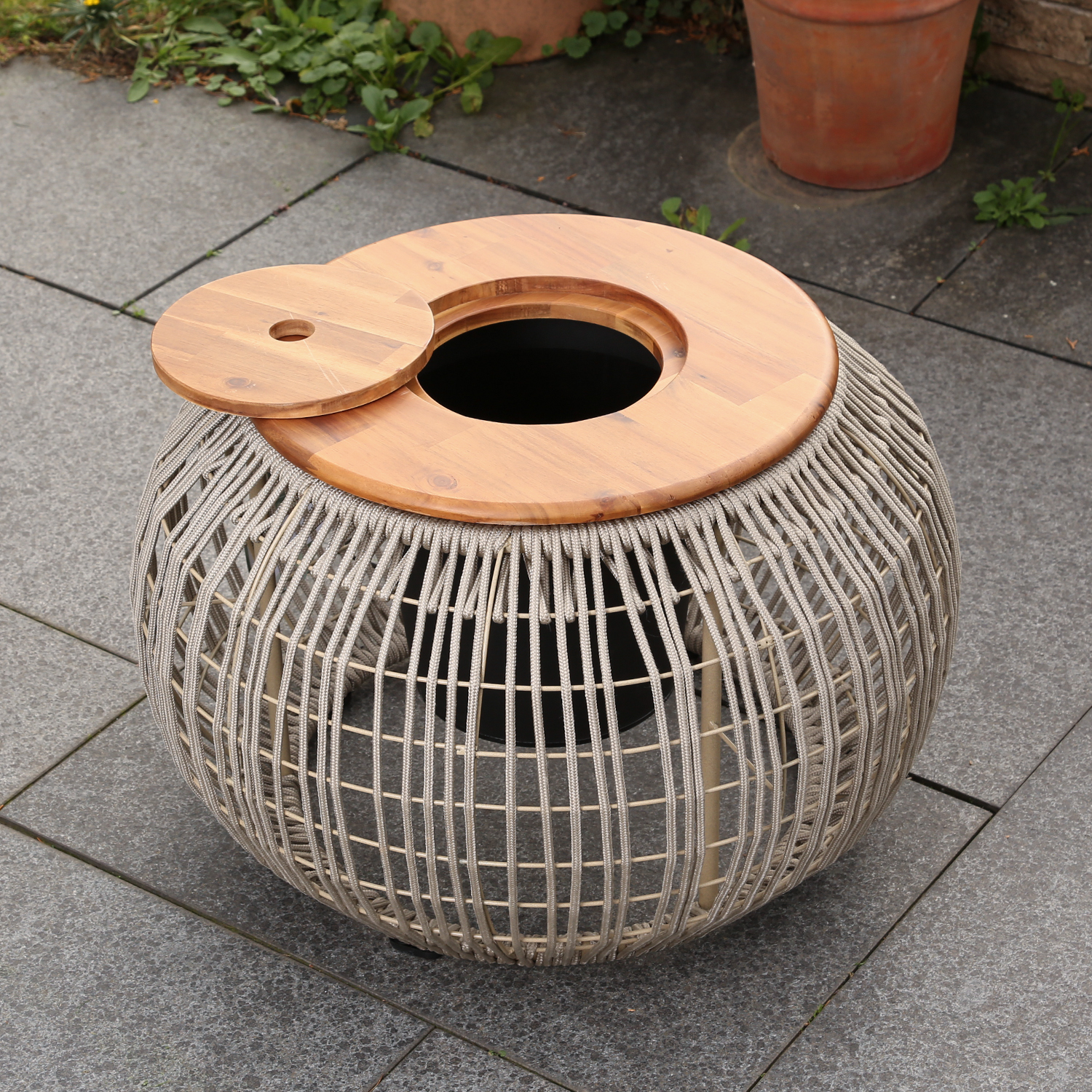 Garten Beistelltisch - integrierter Behälter - Kunststoffseil - H: 37cm - D: 58cm - beige