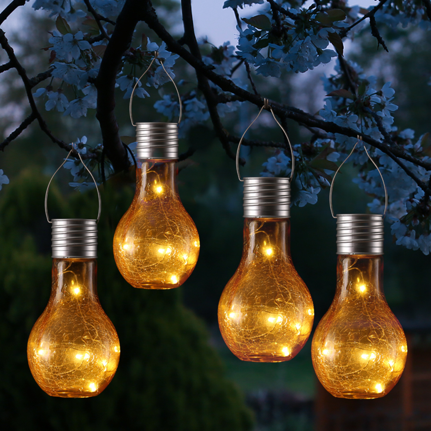 LED Solar Glühbirne CRACKLE GLOW - warmweiße LED Drahtlichterkette - H: 17cm - Lichtsensor - orange