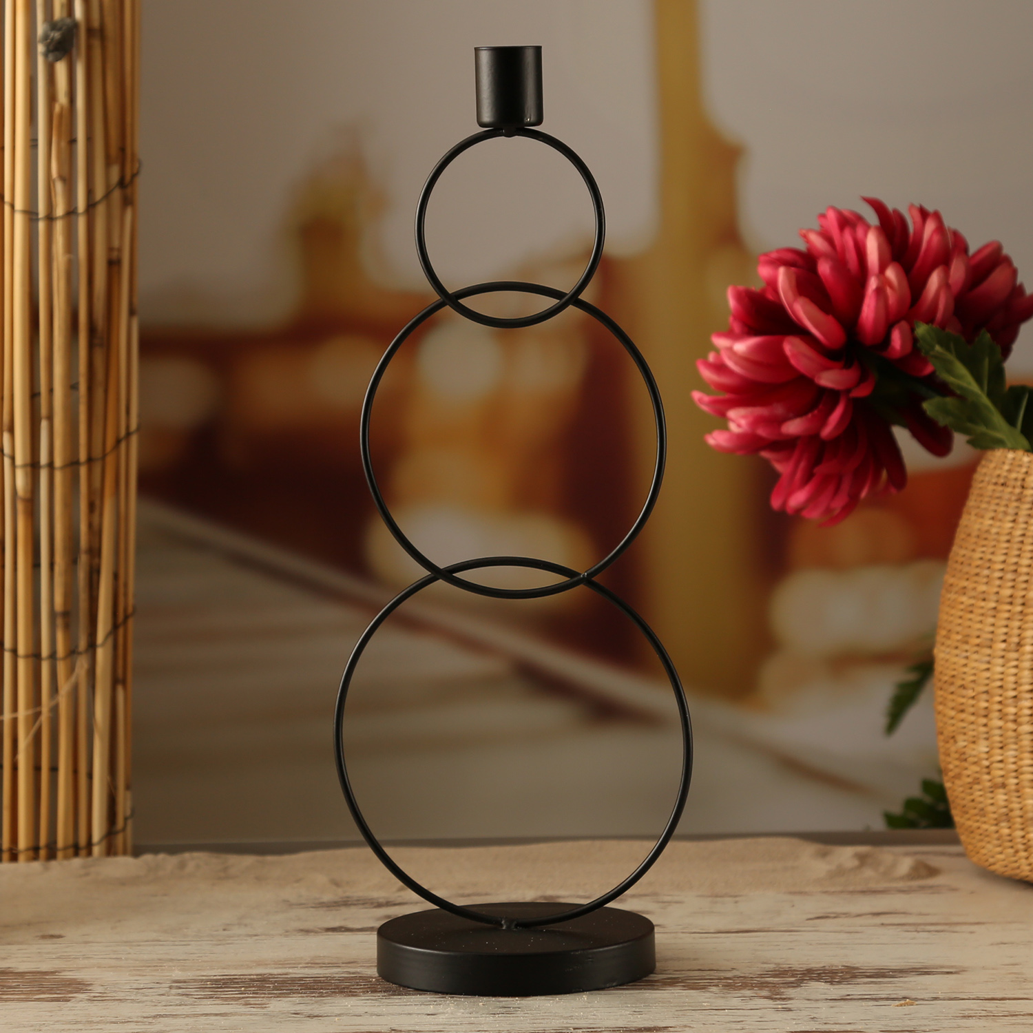 Stabkerzenhalter - Kerzenständer - 3 Ringe - Eisen - H: 35,5cm - schwarz Stabkerzenhalter - Kerzenständer - 3 Ringe - Eisen - H: 35,5cm - schwarz