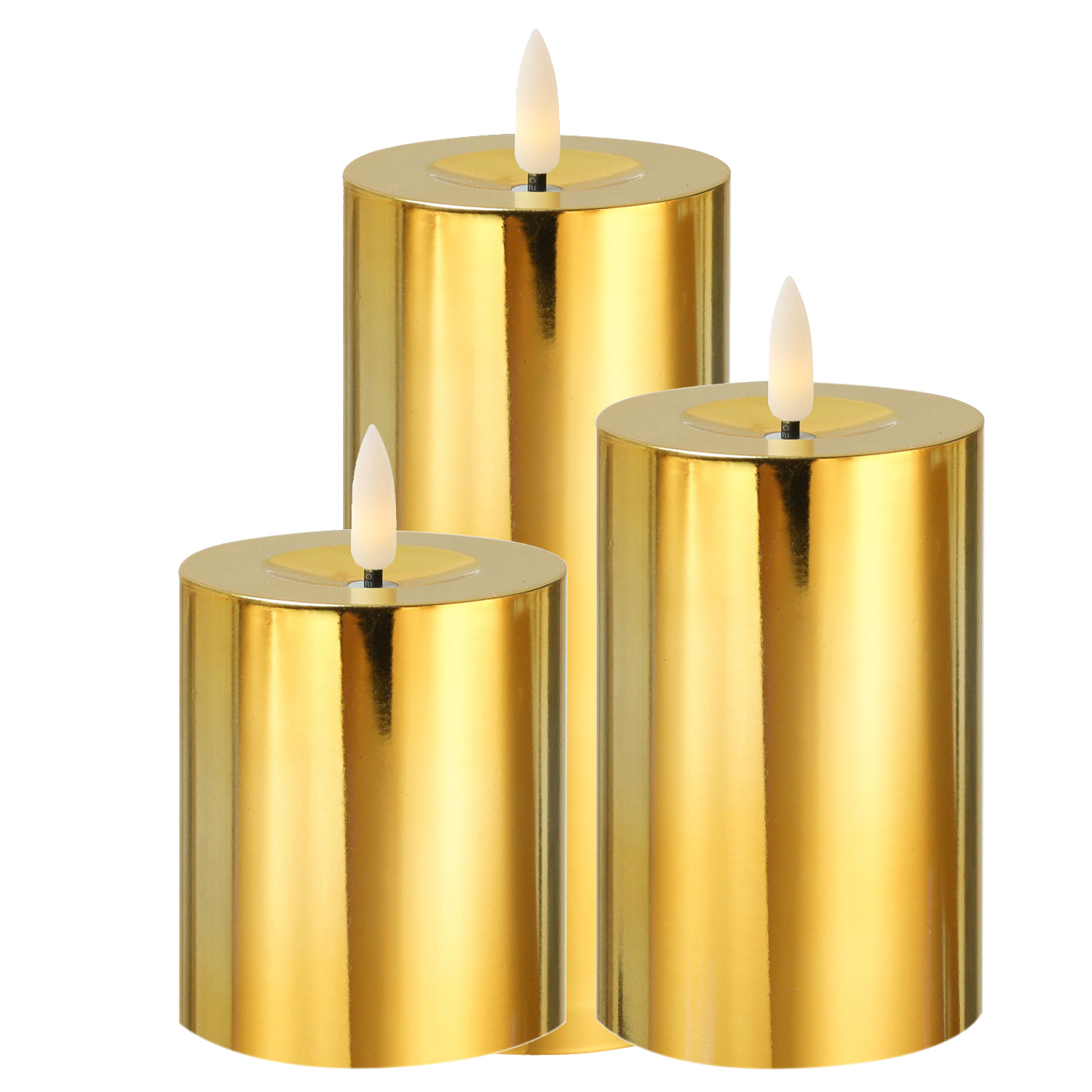 LED Kerzenset - Kunststoff - Timer - 3 Größen - D: 7,5cm - gold glänzend - 3er Set LED Kerzenset - Kunststoff - Timer - 3 Größen - D: 7,5cm - gold glänzend - 3er Set