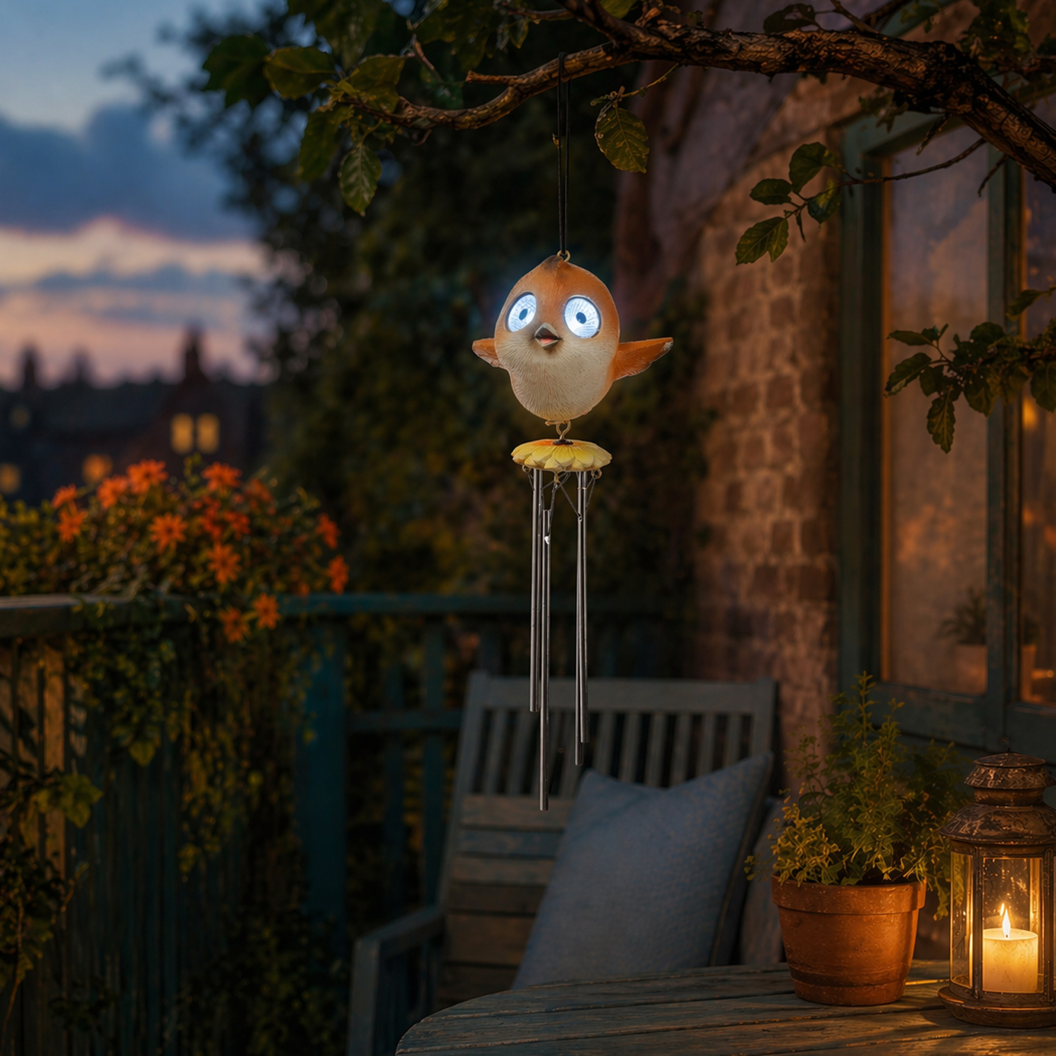 LED Solar Windspiel Vogel - Klangspiel mit Vögelchen mit leuchtenden Augen - H: 29cm - Lichtsensor