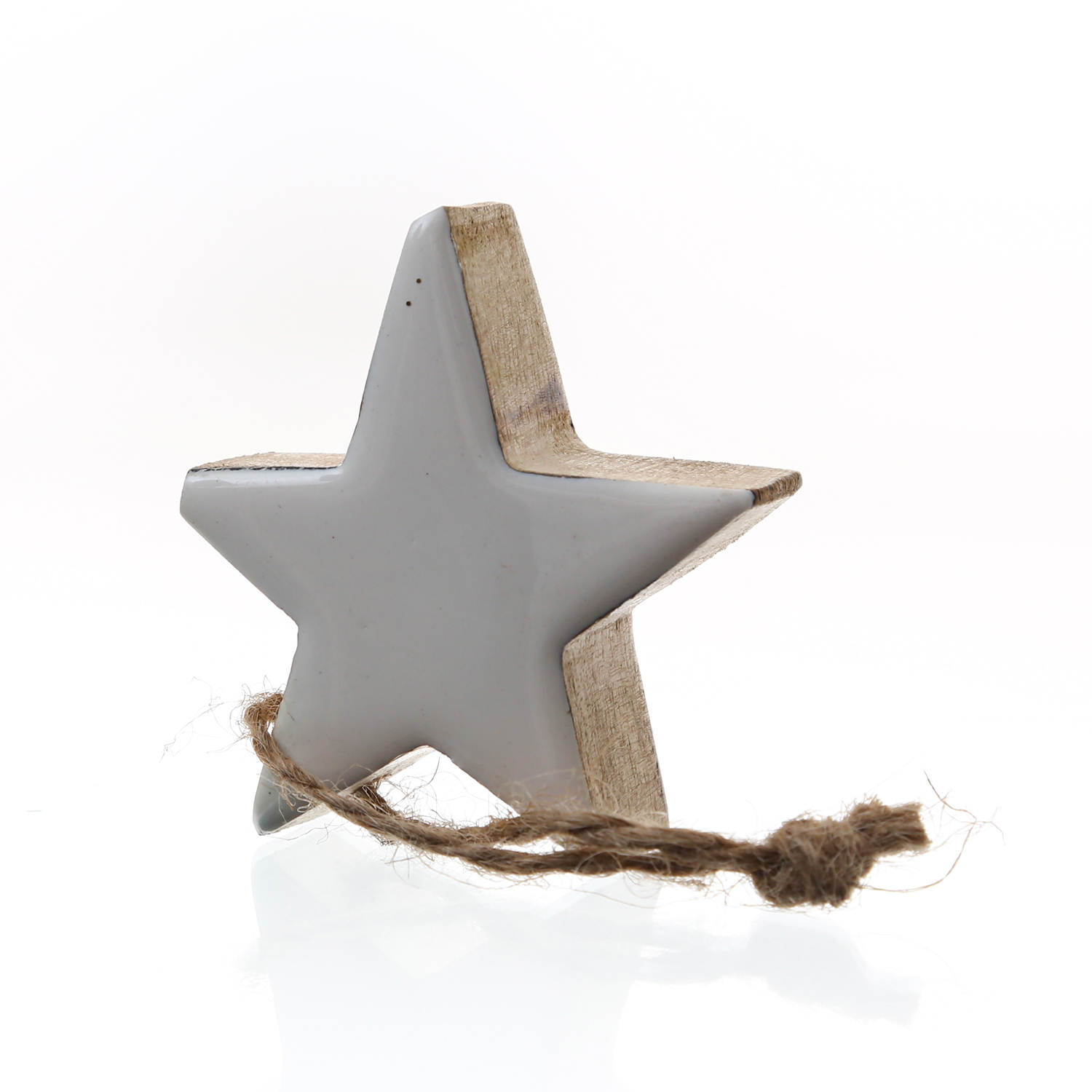 Holzstern - Mangoholz - Kordel - hängend - einseitig emailliert - H: 5,5cm - natur, weiß Holzstern - Mangoholz - Kordel - hängend - einseitig emailliert - H: 5,5cm - natur, weiß
