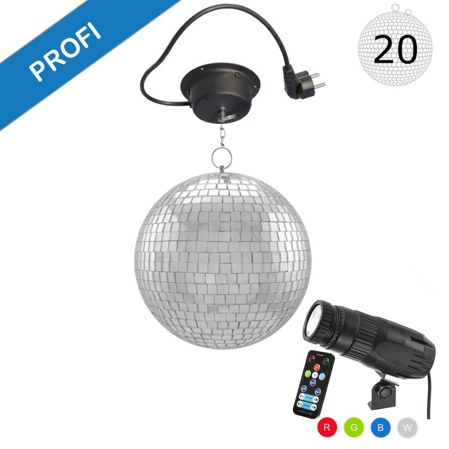 Spiegelkugel Komplettset - Discokugel, Motor, Pinspot, Montagematerial für Diskokugel - Mirrorball Set - Partyset Spiegelkugel Komplettset - Discokugel, Motor, Pinspot, Montagematerial für Diskokugel - Mirrorball Set - Partyset