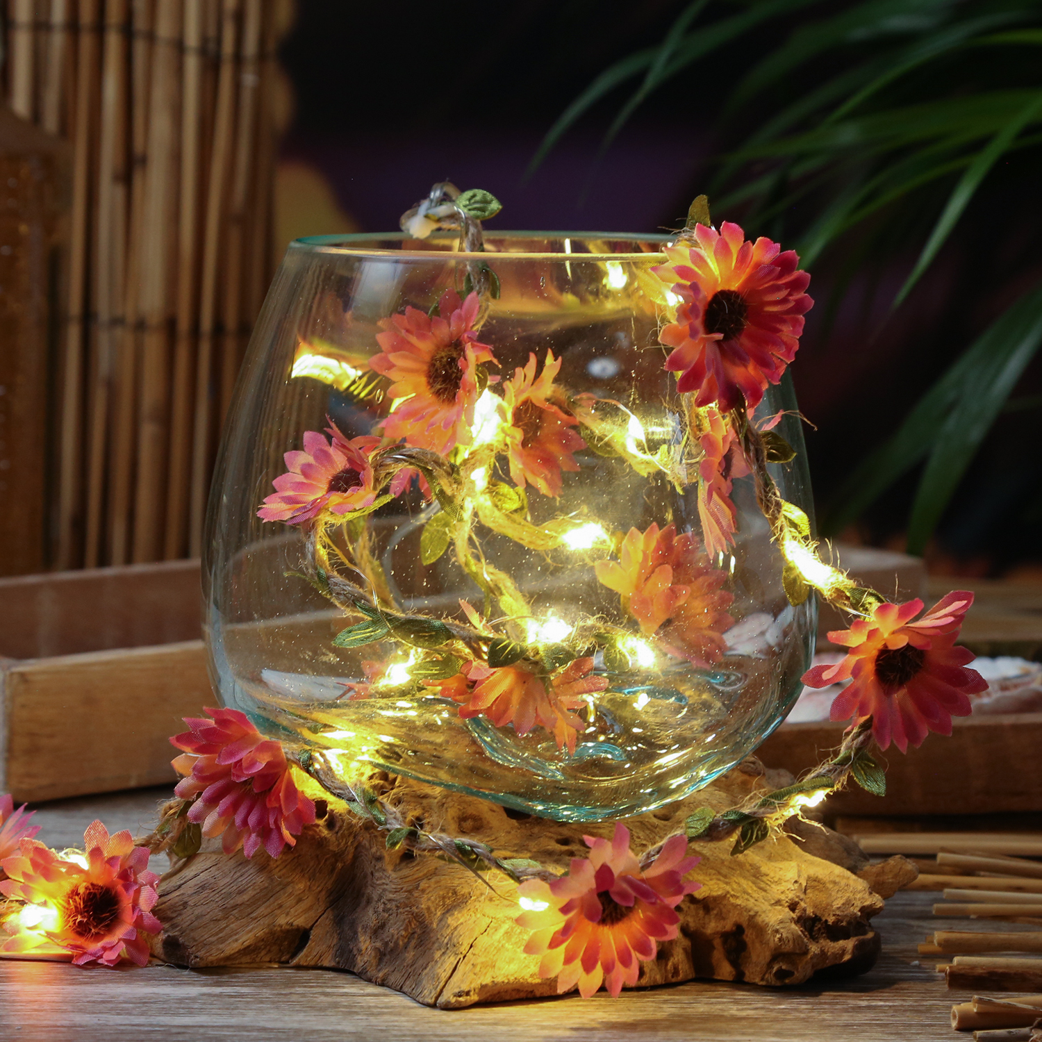 LED Lichterkette Blumen - 20 warmweiße LED - Batterie - Timer - L: 1,45m - für Außen - pink