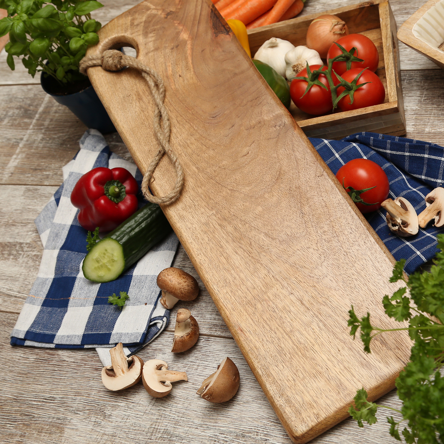 Schneidebrett - Servierbrett - rechteckig - Mangoholz - Kordel - L: 57,5cm - B: 18cm - natur