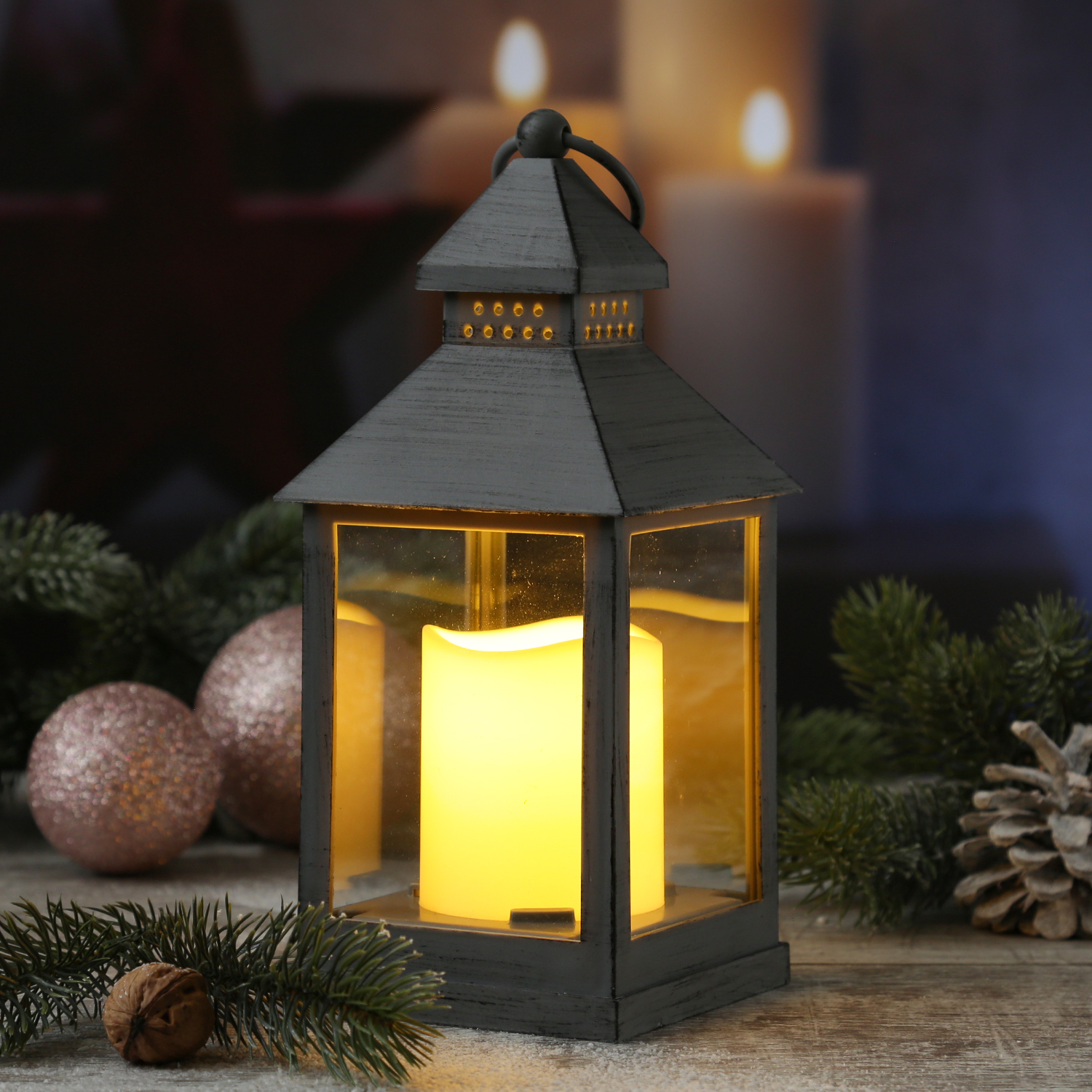 LED Laterne mit Kerze - warmweiß flackernde LED - H: 23cm - Batteriebetrieb - grau LED Laterne mit Kerze - warmweiß flackernde LED - H: 23cm - Batteriebetrieb - grau