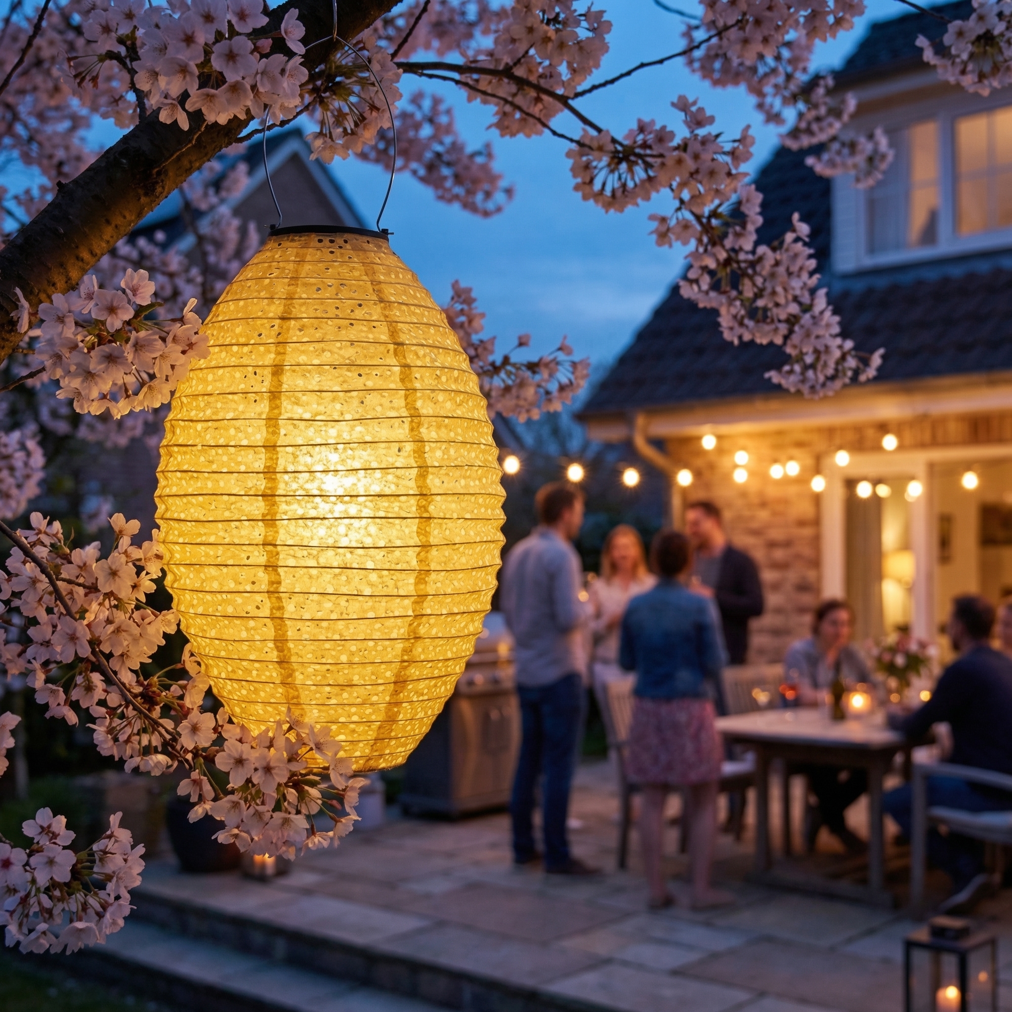 LED Solar Lampions oval - mit Blumenmuster - H: 38cm - D: 23cm - Lichtsensor - gelb - 2er Set