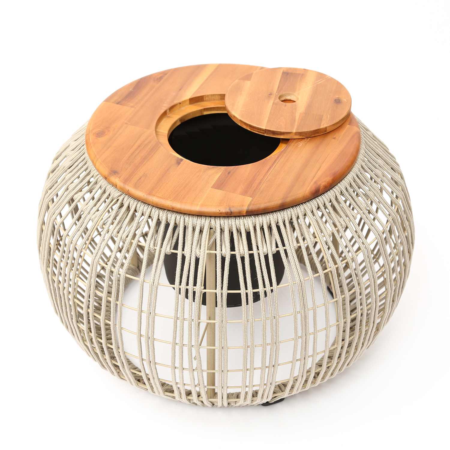 Garten Beistelltisch - integrierter Behälter - Kunststoffseil - H: 37cm - D: 58cm - beige