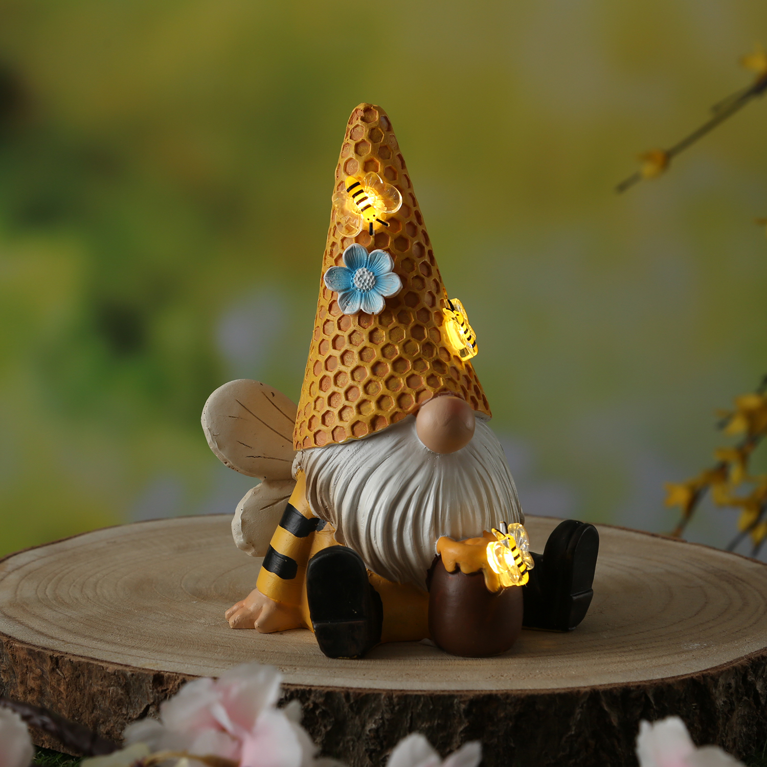 LED Solar Gartenzwerg Biene mit Honigtopf - Gartenfigur - warmweiße LED - Lichtsensor - H: 17,5cm