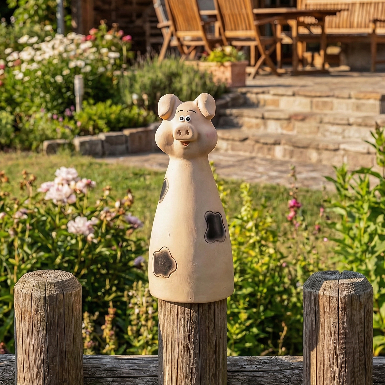 Gartenfigur Schwein - Zaunhocker aus Terrakotta - Tierfigur für Zaun - H: 25cm