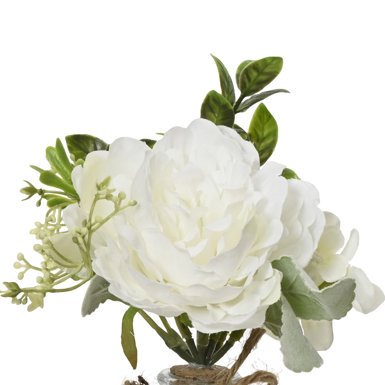 Kunstblumenstrauß in Mini Glasvase - Pfingstrose und Hortensie in Blumenvase - H: 20cm - weiß Kunstblumenstrauß in Mini Glasvase - Pfingstrose und Hortensie in Blumenvase - H: 20cm - weiß