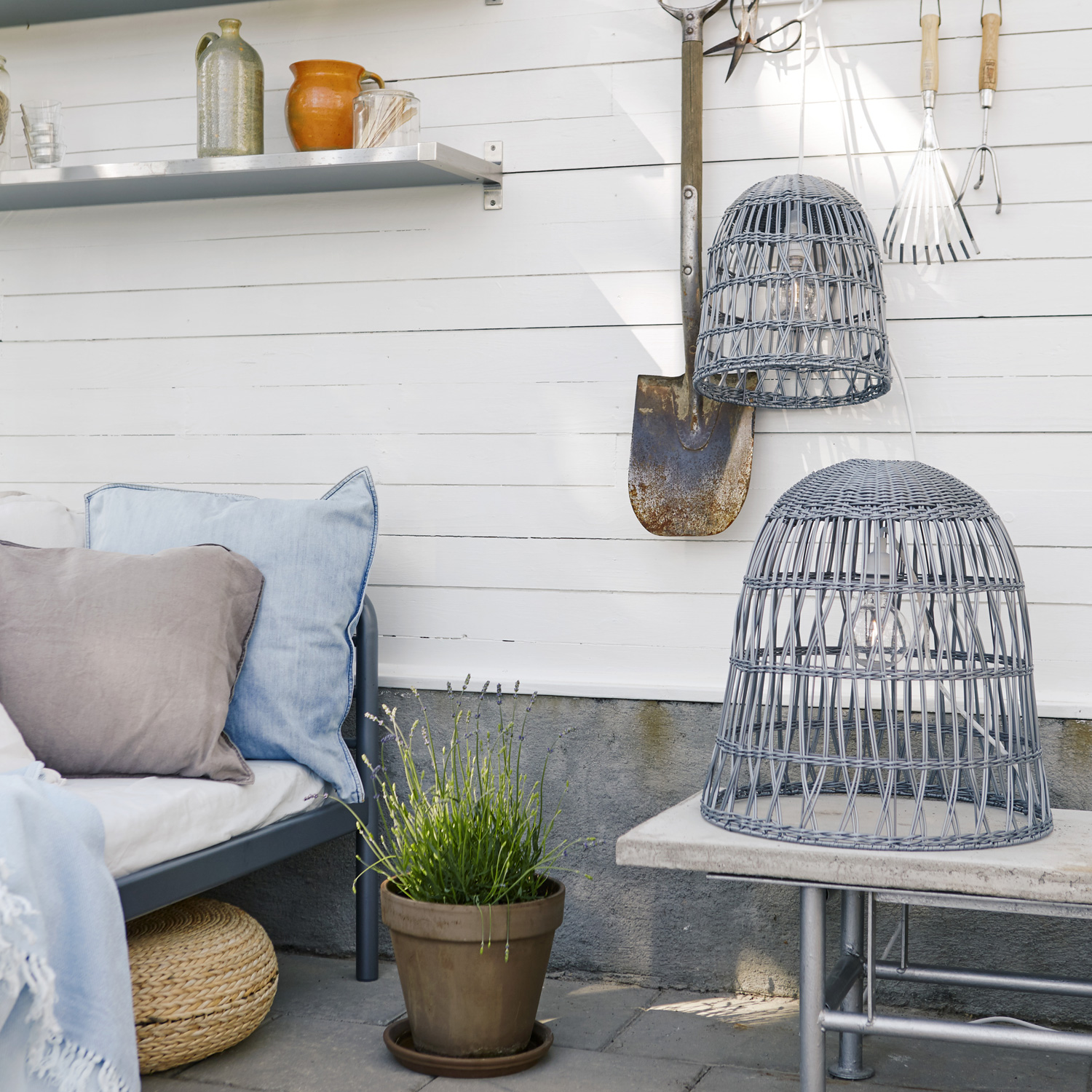 Lampenschirm BELL wetterfest - Rattan-Optik - für E27 Fassungen - D: 48cm/H: 50cm - grau