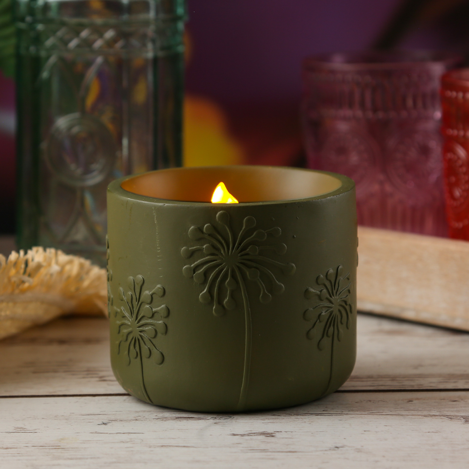 LED Solar Windlicht - Blumenmuster - flackernde Flamme - Lichtsensor - H: 8cm - für Außen - grün LED Solar Windlicht - Blumenmuster - flackernde Flamme - Lichtsensor - H: 8cm - für Außen - grün