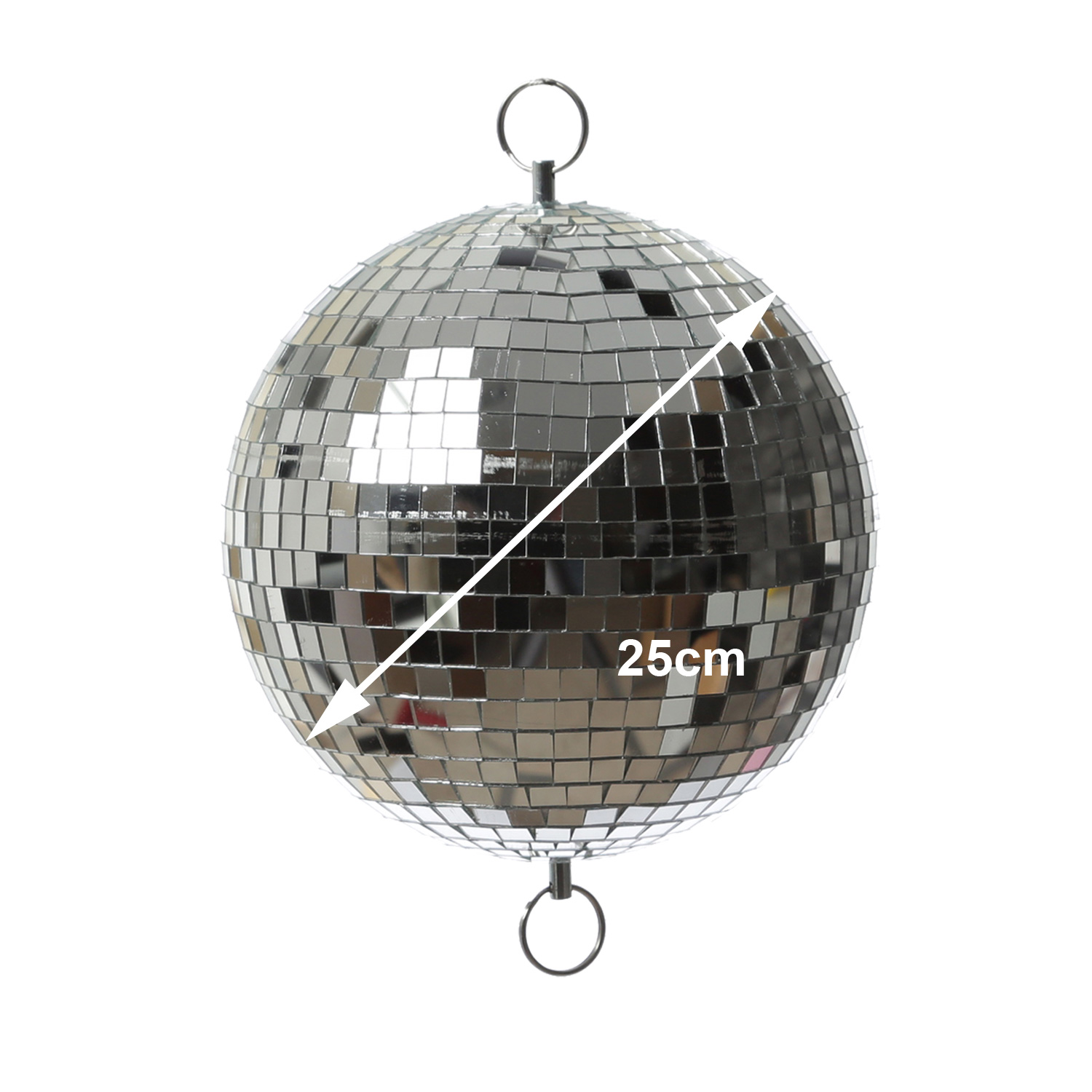 Spiegelkugel 25cm - silber - Discokugel Echtglas - 10x10mm Spiegel - PROMO - Metallöse oben + unten