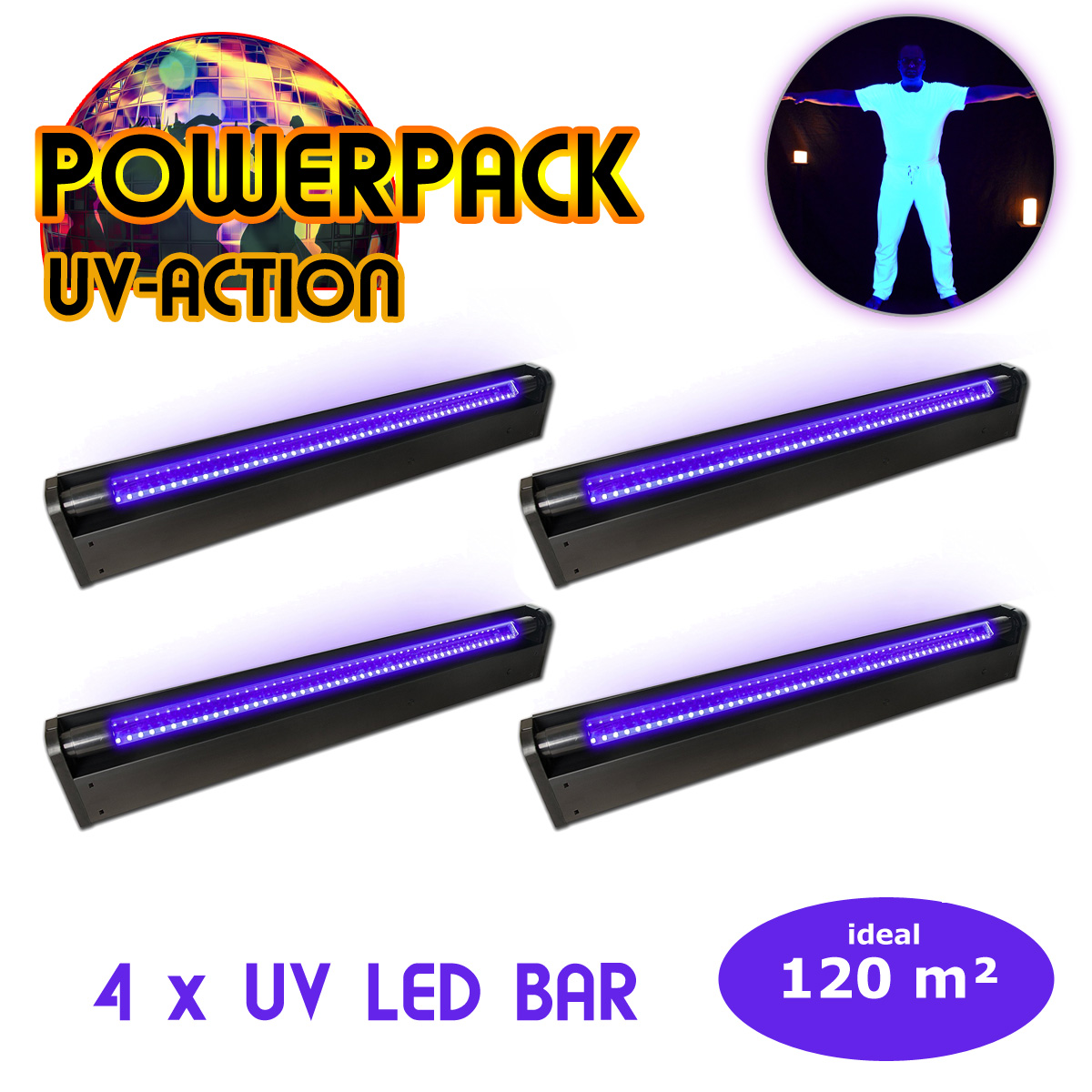 PARTYRAUM POWERPACK "UV ACTION" - 4 x UV BAR mit LED Röhre - Ideal für Räume bis 120m²