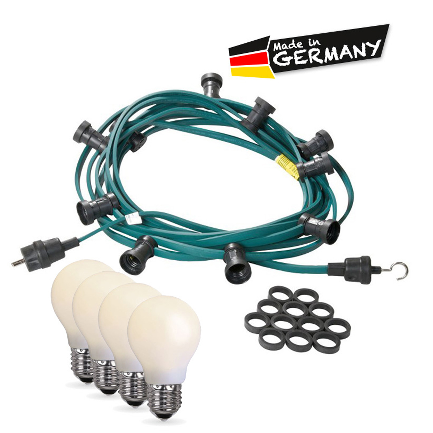 Illu-/Partylichterkette 30m - Außenlichterkette grün - Made in Germany - 50 opale LED Tropfenlampen Illu-/Partylichterkette 30m - Außenlichterkette grün - Made in Germany - 50 opale LED Tropfenlampen