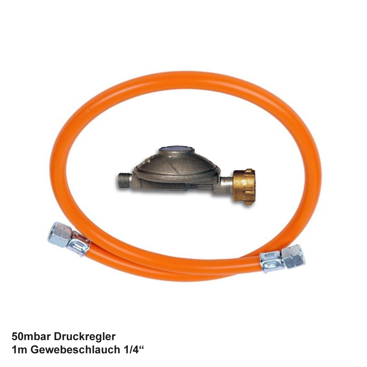 Universal Gas Anschlusskit 50mbar mit 1m Gewebeschlauch 1/4" Innengewinde Universal Gas Anschlusskit 50mbar mit 1m Gewebeschlauch 1/4" Innengewinde