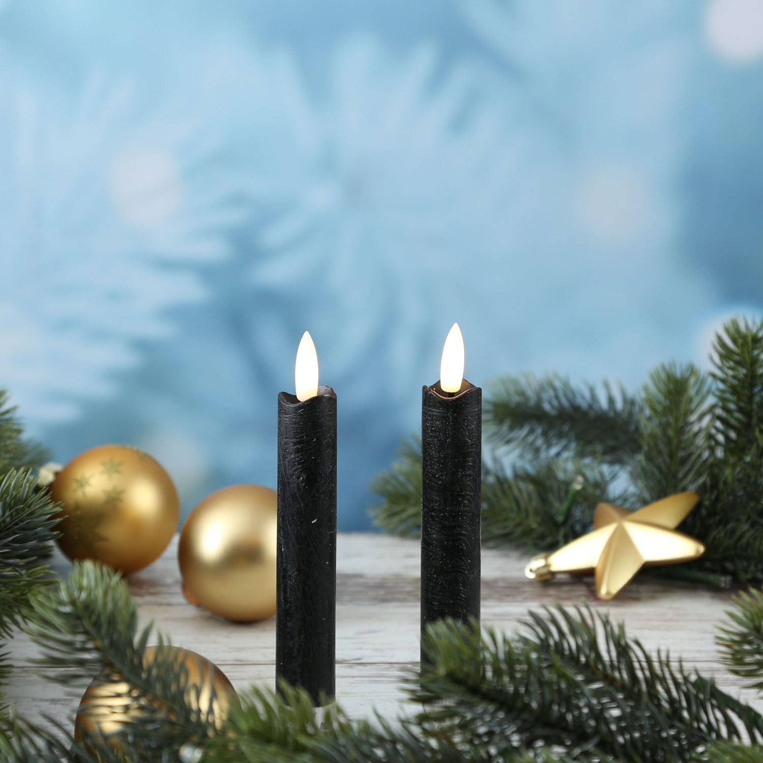 LED Stabkerzen Flamme - Echtwachs - flackernde warmweisse LED - H- 15cm - Timer - schwarz - 2er Set LED Stabkerzen Flamme - Echtwachs - flackernde warmweisse LED - H- 15cm - Timer - schwarz - 2er Set