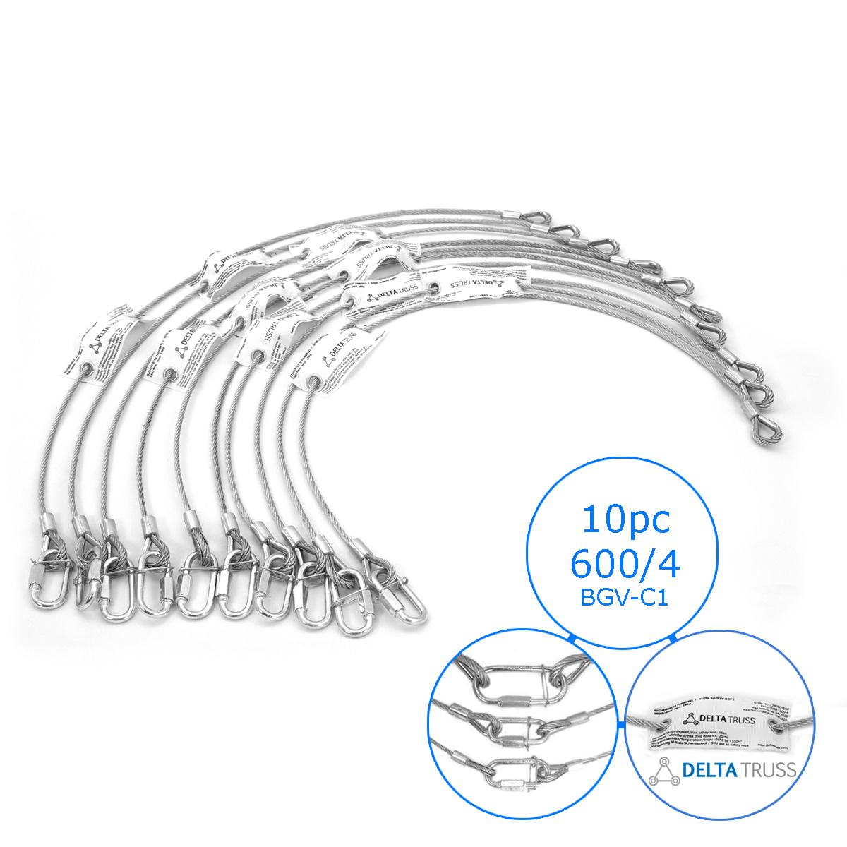 Sicherheitsfangseil 600x4mm - 10er Set - Safety nach BGV-C1 bis 10kg Safety Stahlseil als Absturzsicherung in der Veranstaltungstechnik - Fallsicherung Sicherheitsfangseil 600x4mm - 10er Set - Safety nach BGV-C1 bis 10kg Safety Stahlseil als Absturzsicherung in der Veranstaltungstechnik - Fallsicherung