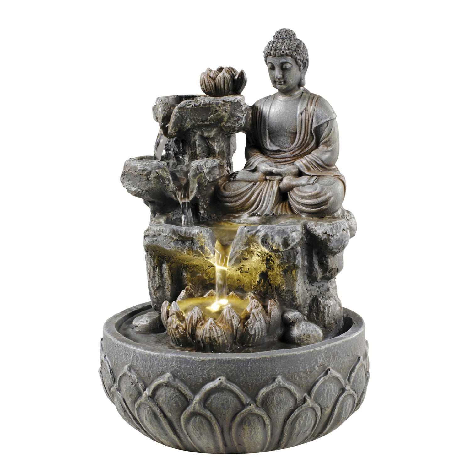 Brunnen LED Buddhafigur Kaskaden Zimmerbrunnen H 25cm Tischbrunnen