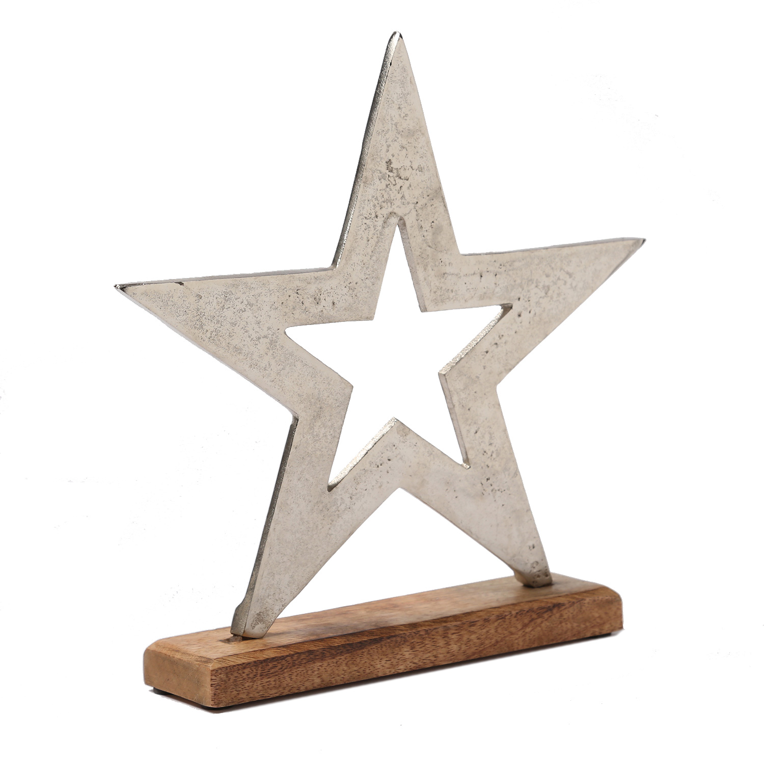 Dekostern aus Aluminium - Metallstern - stehend - Mangoholzsockel - H: 28,7cm - natur, silber Dekostern aus Aluminium - Metallstern - stehend - Mangoholzsockel - H: 28,7cm - natur, silber