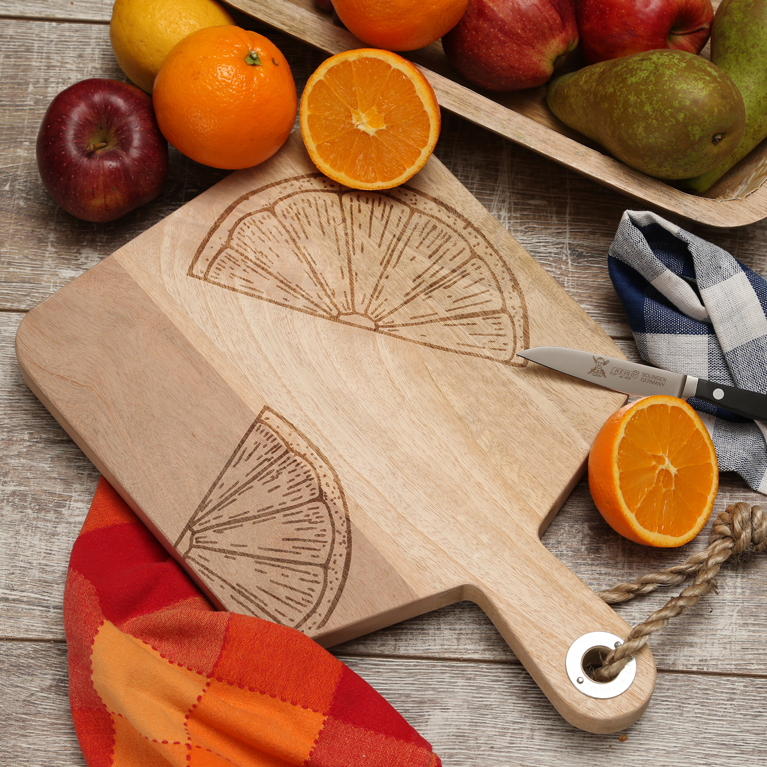 Schneidebrett - Vesperbrett - Mangoholz - Kordel - L: 38cm - Zitronenmotiv Scheibe - natur
